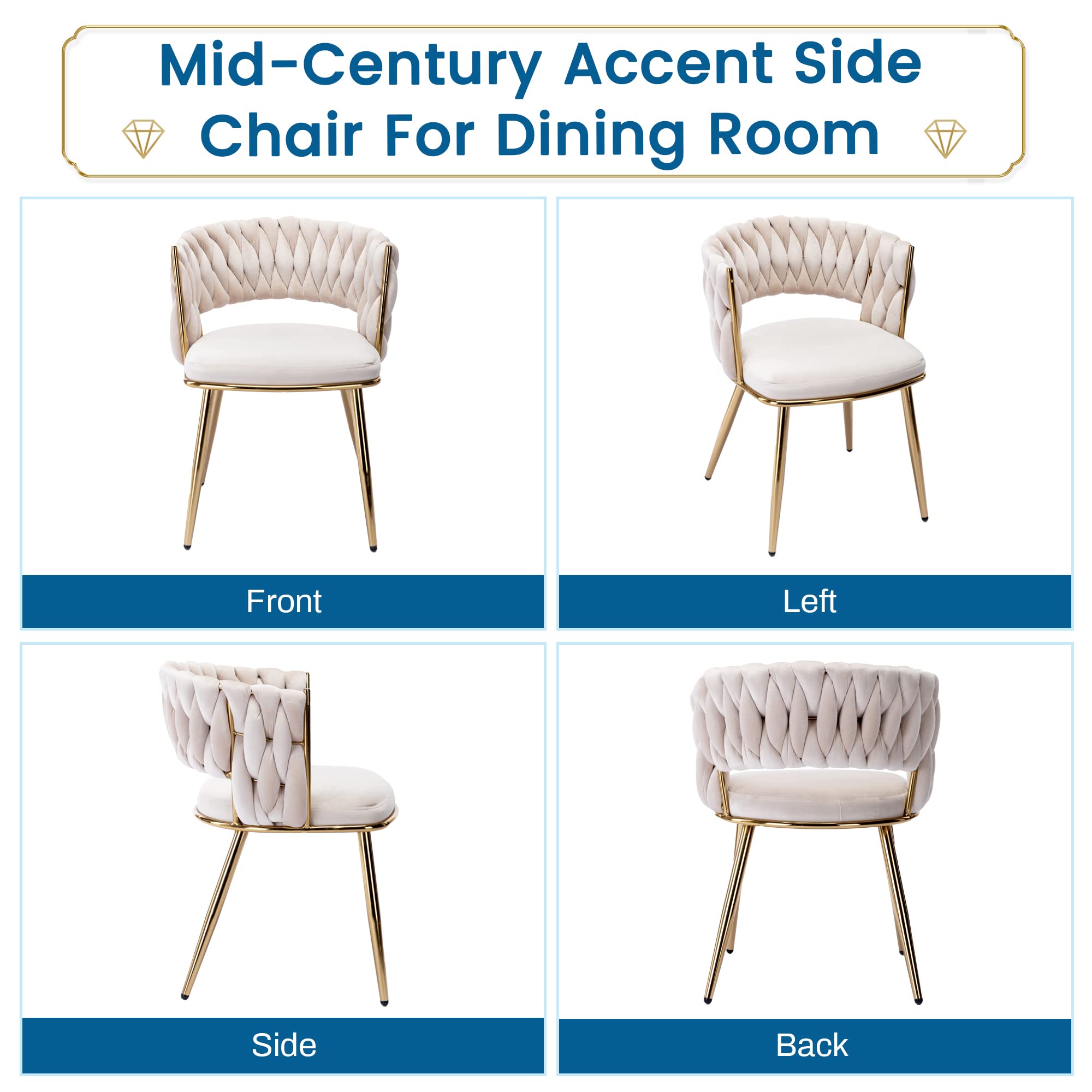 KCC Modern Velvet Dining Chairs Set of 4 - Upholstered Living Room Chairs with Woven Back & Gold Metal Legs - Mid Century Accent Side Chairs for Dining Room, Kitchen, Office - Soft Beige Velvet Fabric - Perfect for Home Decor, Entertaining Guests & Comfortable Seating