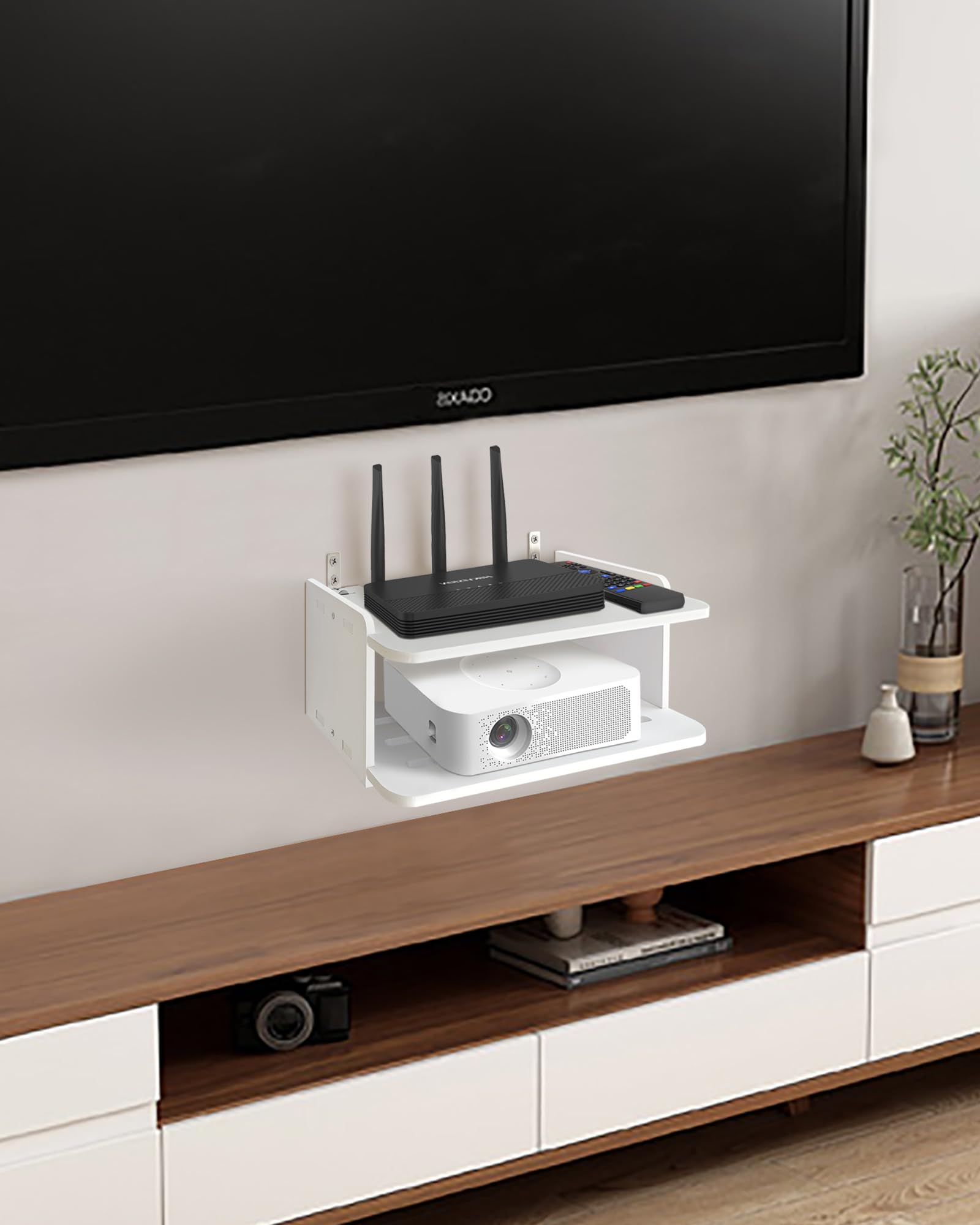 Wall Mount Projector Shelf - Floating Projector Stand & Router Shelf for Xbox Series X/S, PS5, PS4 - White TV Game Shelf for Home Theater & Gaming Setup - Perfect for Living Room, Bedroom & Game Room Organization