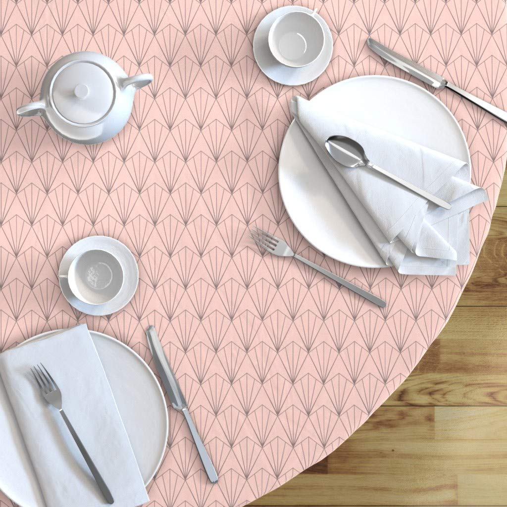 Art Deco Blush Pink Geometric Diamond Fan Cotton Sateen Tablecloth - 90 Inch Round Minimalist Gray Print Custom Table Linens for Dining Room, Wedding, and Special Occasions