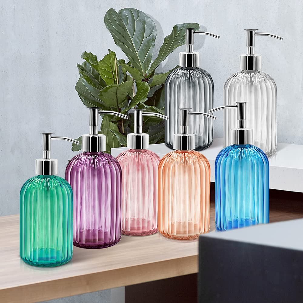 2 Pack Glass Soap Dispenser with Pump - 400ml Refillable Liquid Container for Dish Soap, Shampoo & Lotion | Elegant Purple Design for Kitchen, Bathroom & Laundry Room Organization