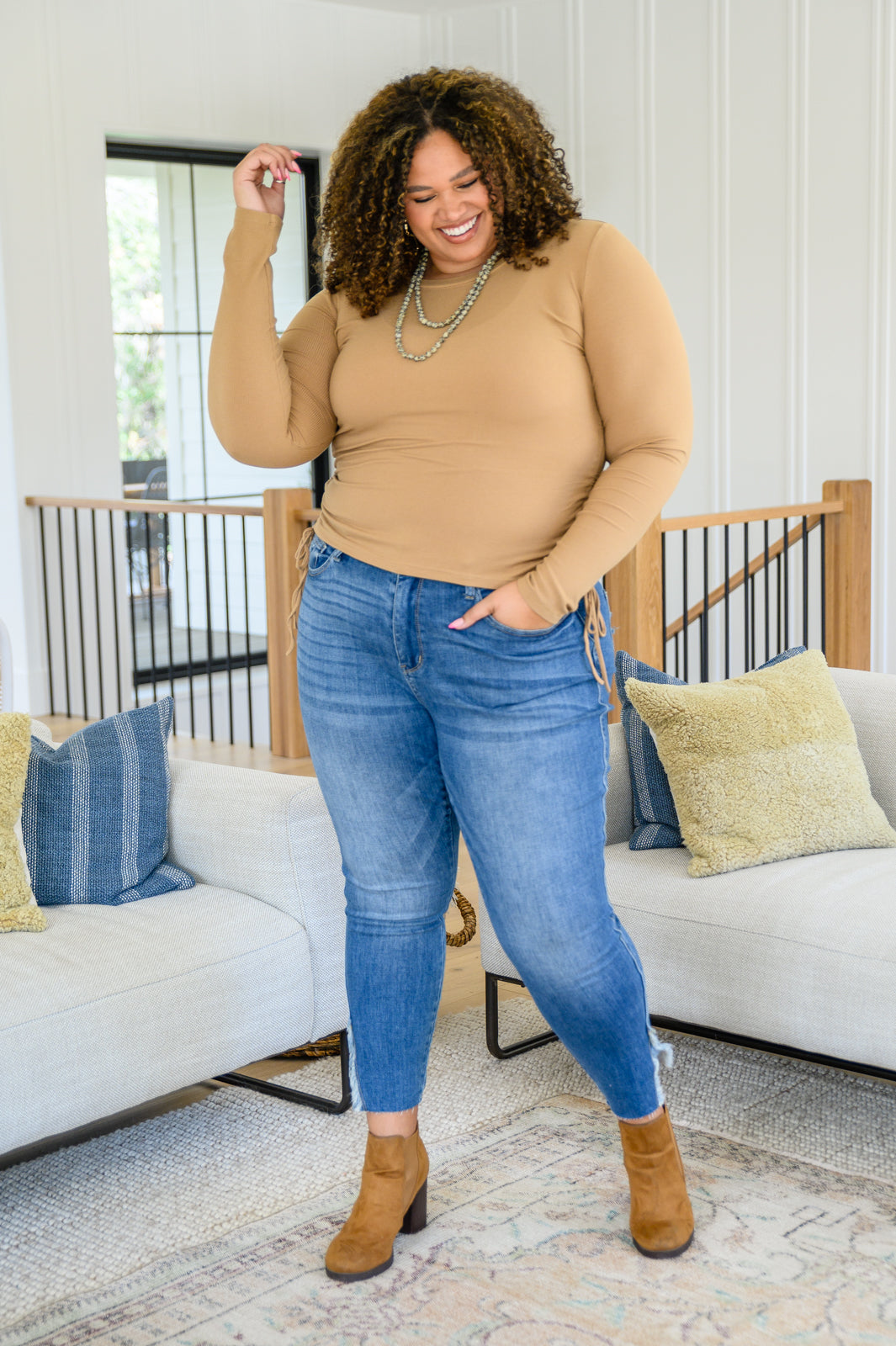 Hold Me Tight Ribbed Long Sleeve Top in Tan - Women's Stretchy Comfortable Basic Shirt for Layering, Casual Wear & Fall Outfits