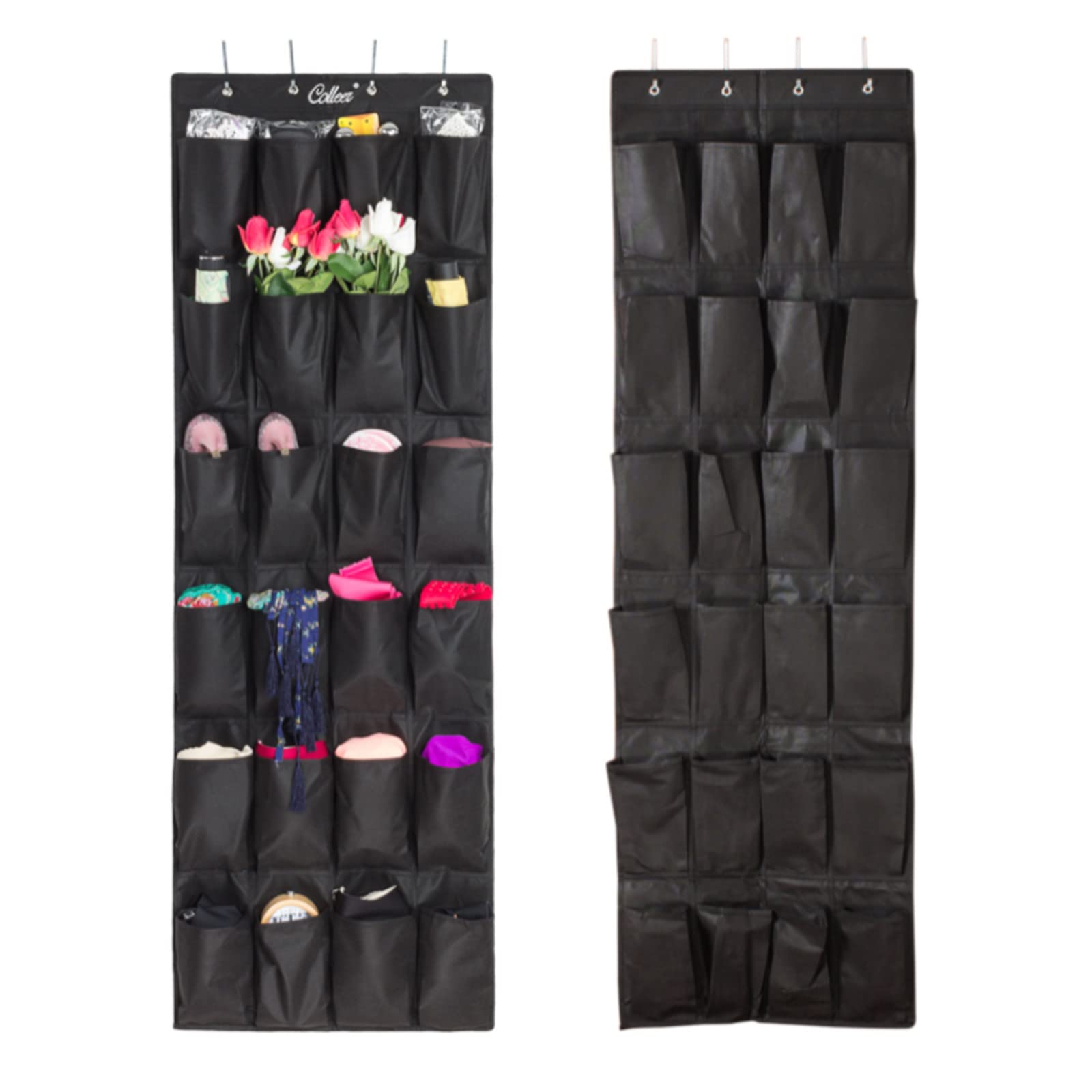 Over the Door Shoe Organizer with 24 Large Pockets - Hanging Closet Shoe Rack with 4 Metal Hooks - Space Saving Storage for Shoes, Accessories & More - Perfect for Bedrooms, Closets & Dorm Rooms (Black, 1 Pack)