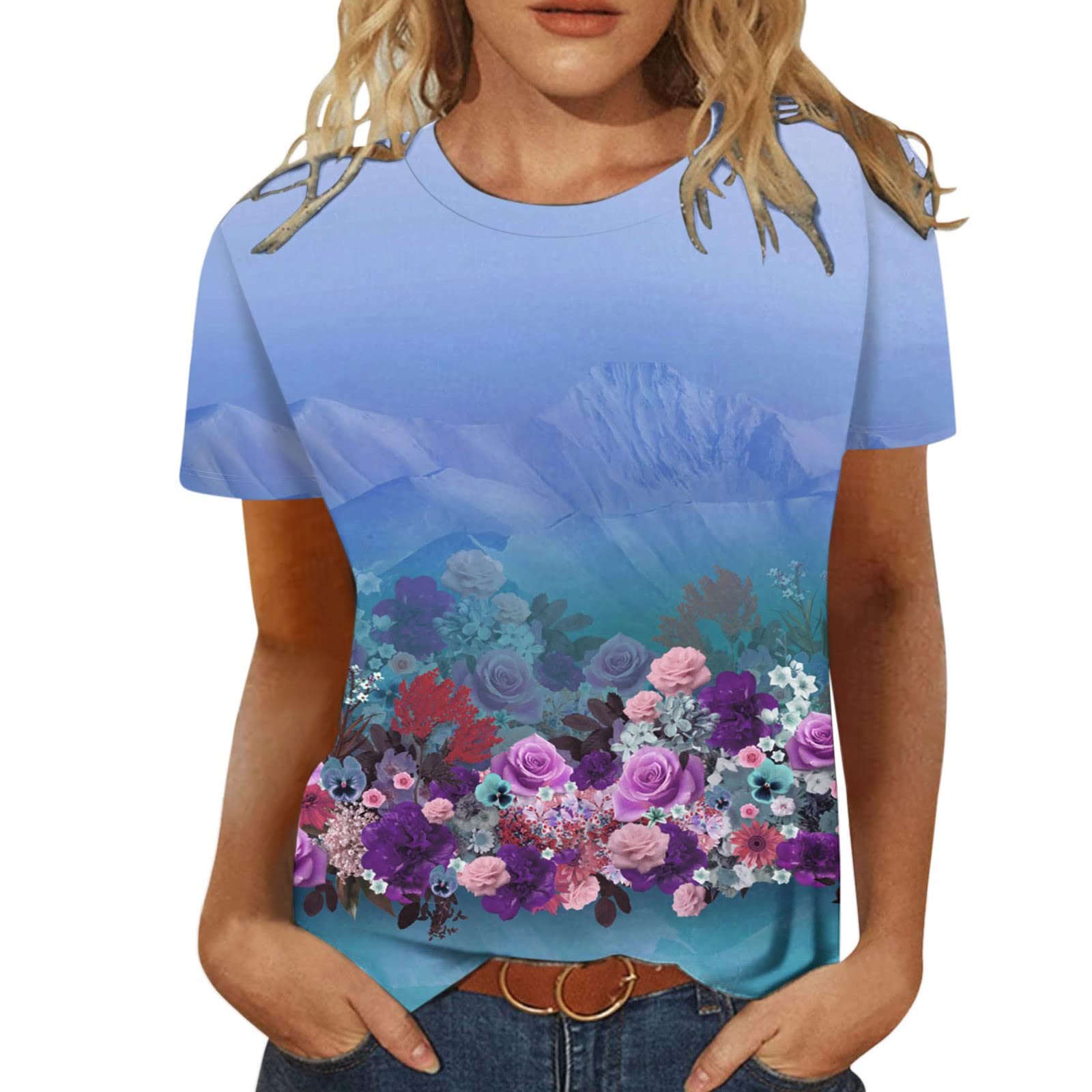 Women's Floral Print Crewneck T-Shirt - Casual Fit Tunic Top for Workout & Everyday Wear | Summer & Fall Blouses | Perfect for Yoga, Gym, and Office Outfits