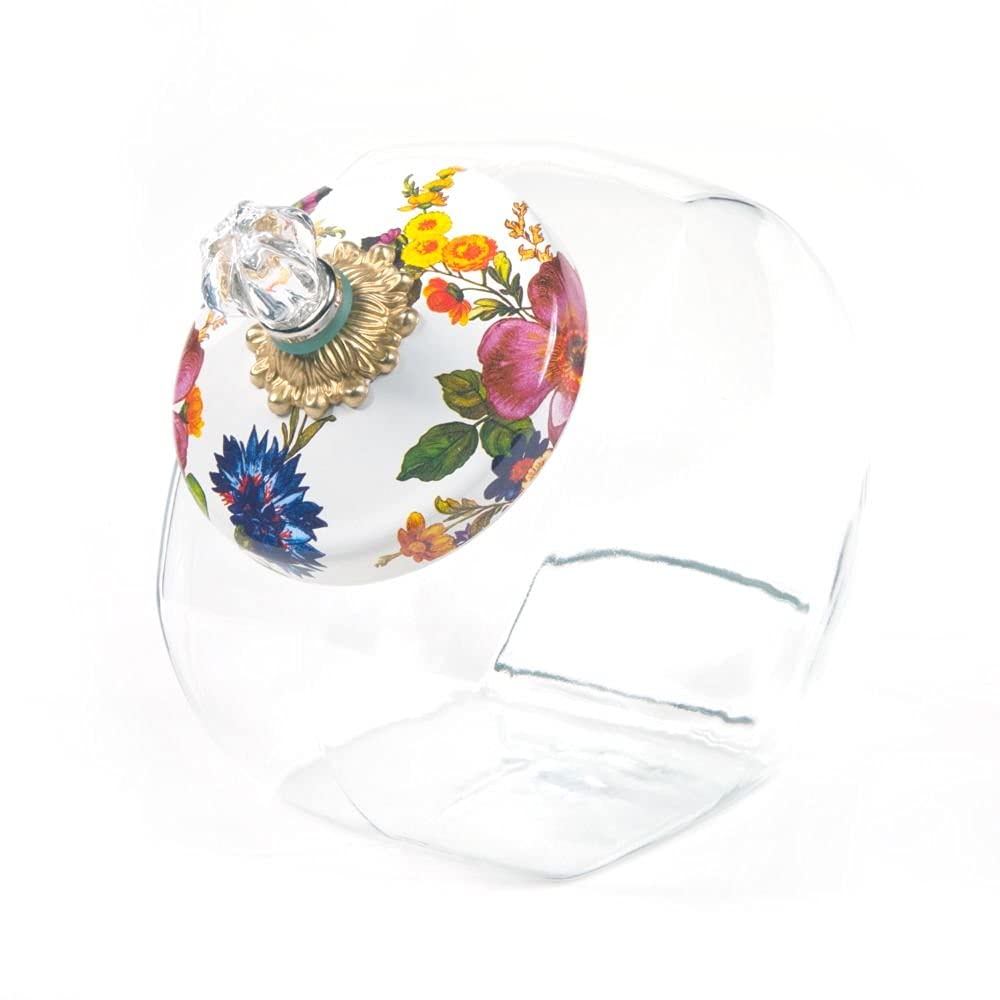 MACKENZIE-CHILDS 1-Gallon White Flower Market Glass Cookie Jar with Enamel Lid - Large Kitchen Storage Container for Cookies, Treats & Baking Supplies | Perfect for Farmhouse Kitchens, Pantry Organization & Gift Giving