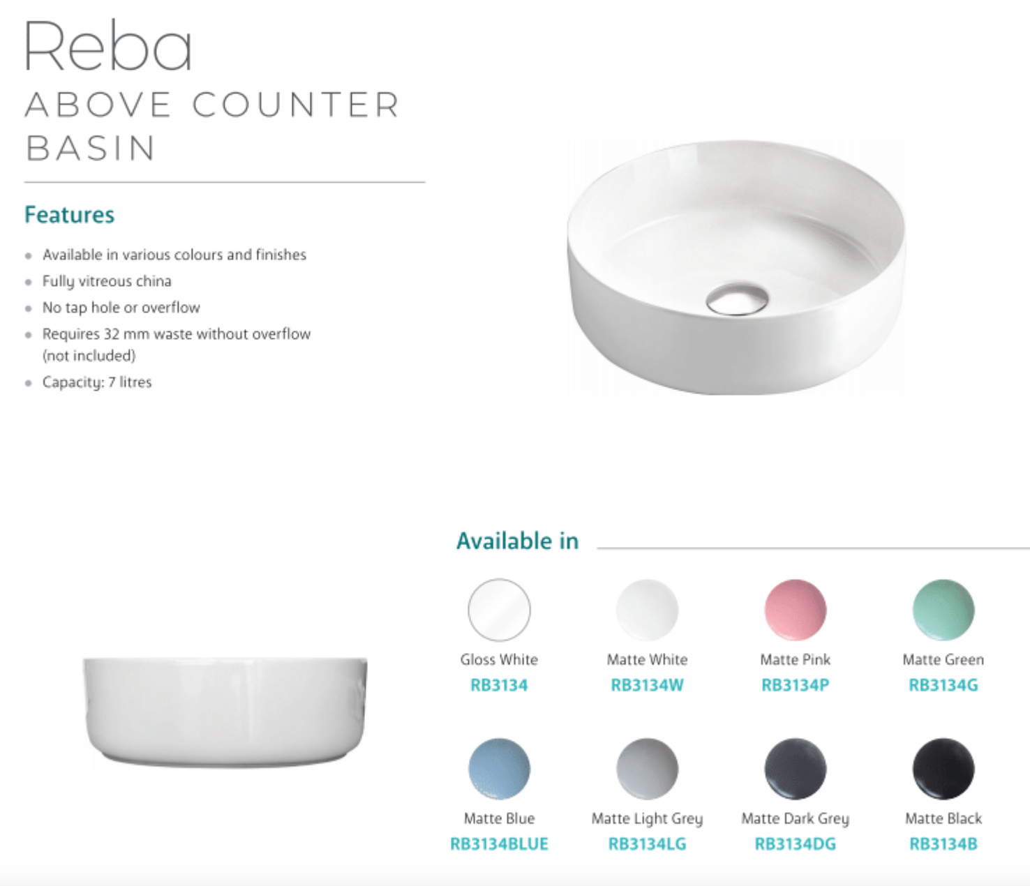 Fienza RB3134G Reba Above Counter Ceramic Bathroom Sink in Matte Green - Modern Farmhouse Vanity Basin for Powder Room & Guest Bathroom