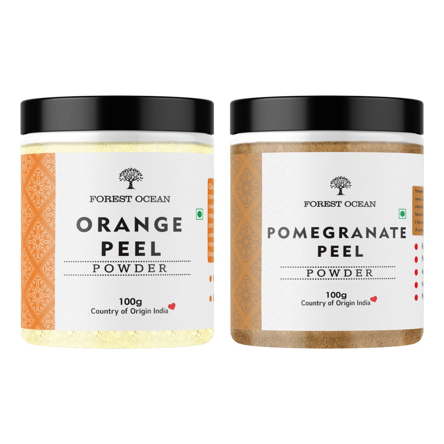 Forest Ocean Orange Peel Powder & Pomegranate Peel Powder Combo Pack (100g x 2) - Natural Skin Brightening, Acne Treatment, Wrinkle Removal & Oil Control for Glowing Skin | Perfect for DIY Face Masks & Organic Skincare Routine
