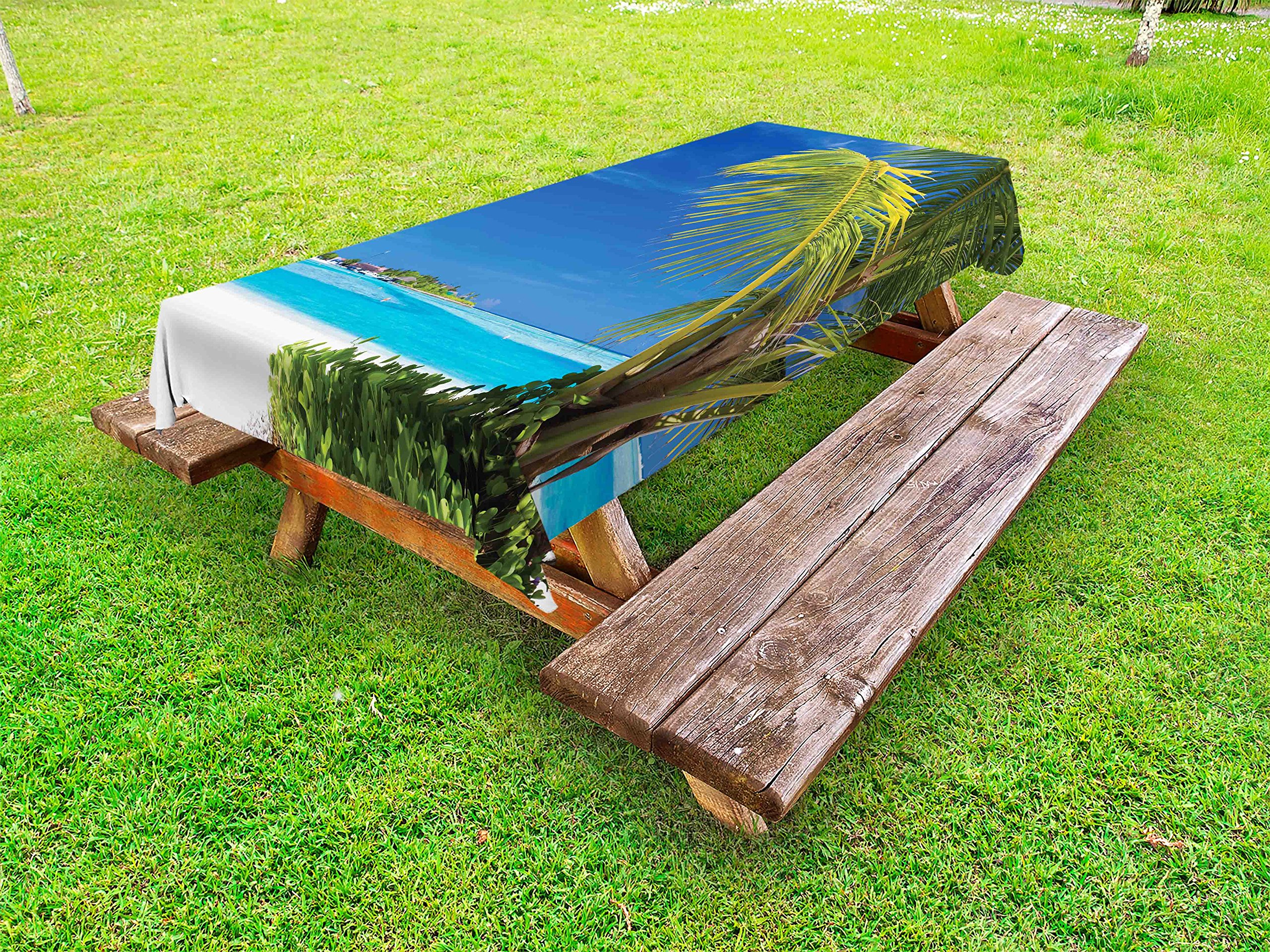Ambesonne Waterproof Outdoor Tablecloth - Tropical Ocean Seascape with Palm Trees Design, 58