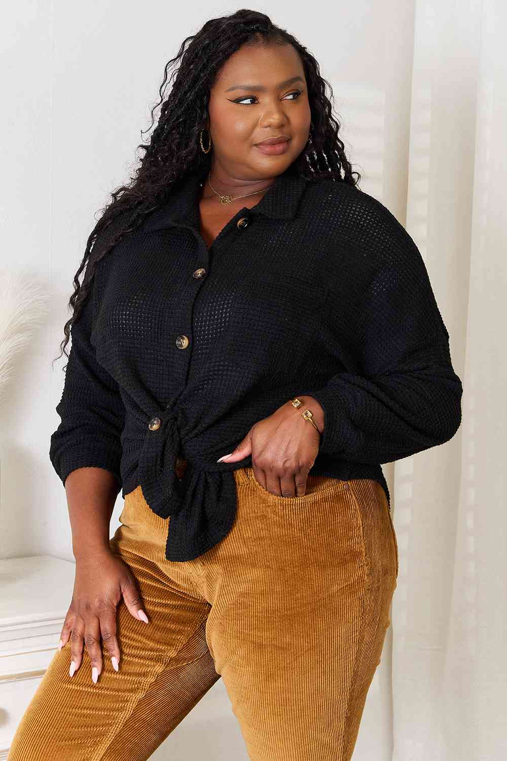 Black Waffle Knit Collared Drop Shoulder Shirt for Women - Stylish Long Sleeve Button Down Top for Casual Outfits & Fall Layering