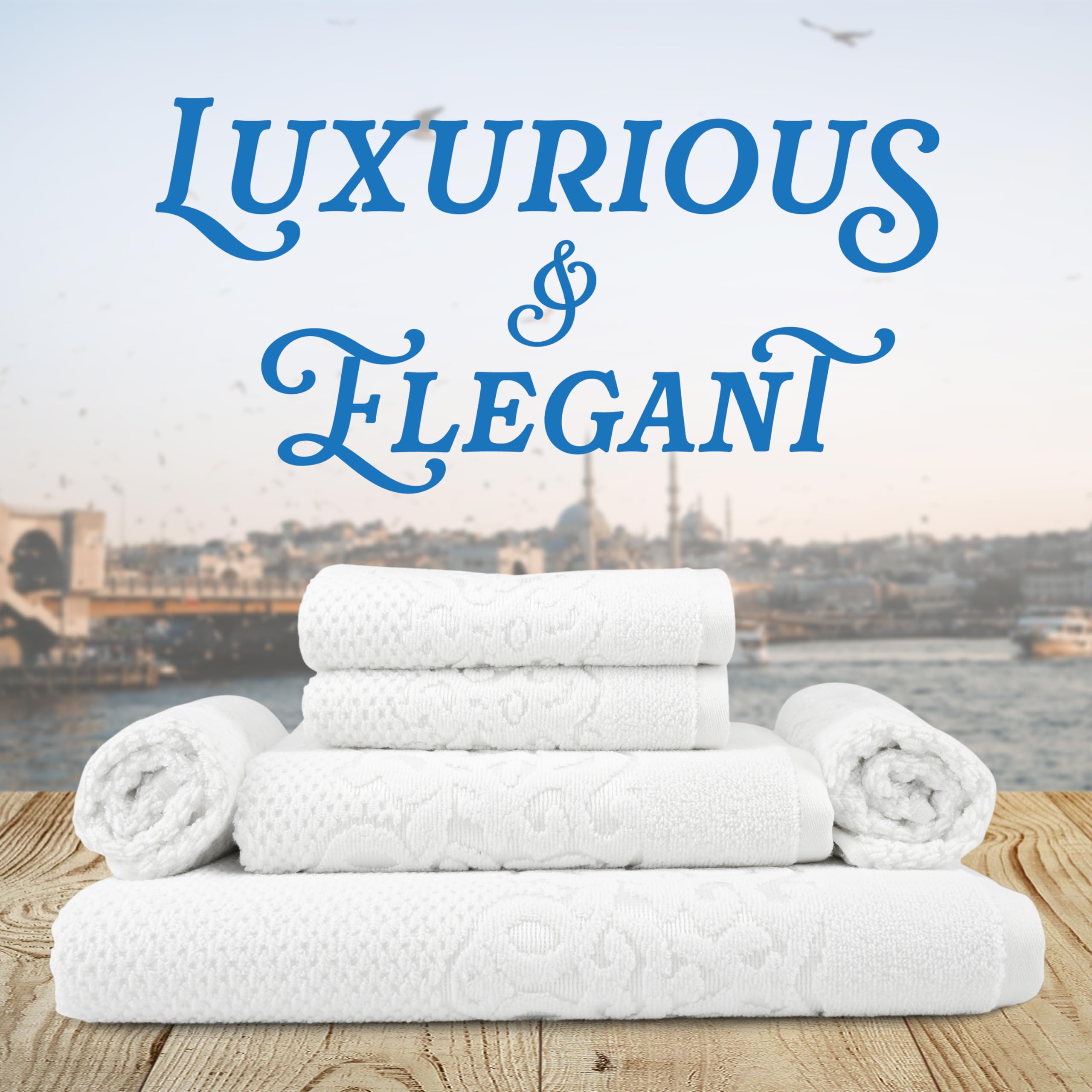 Premium Turkish Cotton Bath Towels Set of 6 - Ultra Soft & Highly Absorbent Luxury Towels (1 Bath, 1 Hand, 4 Washcloths) - Lightweight & Quick-Drying for Spa, Bathroom & Beach Use - White