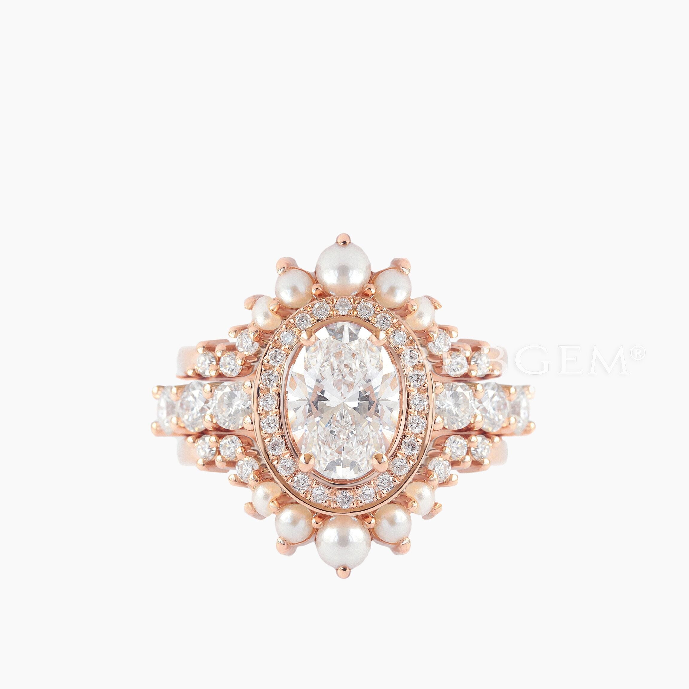 14K Yellow Gold Oval Cut Moissanite Halo Diamond Engagement Ring Set with Pearl Enhancer Band - Perfect for Wedding Proposals, Anniversaries & Bridal Jewelry