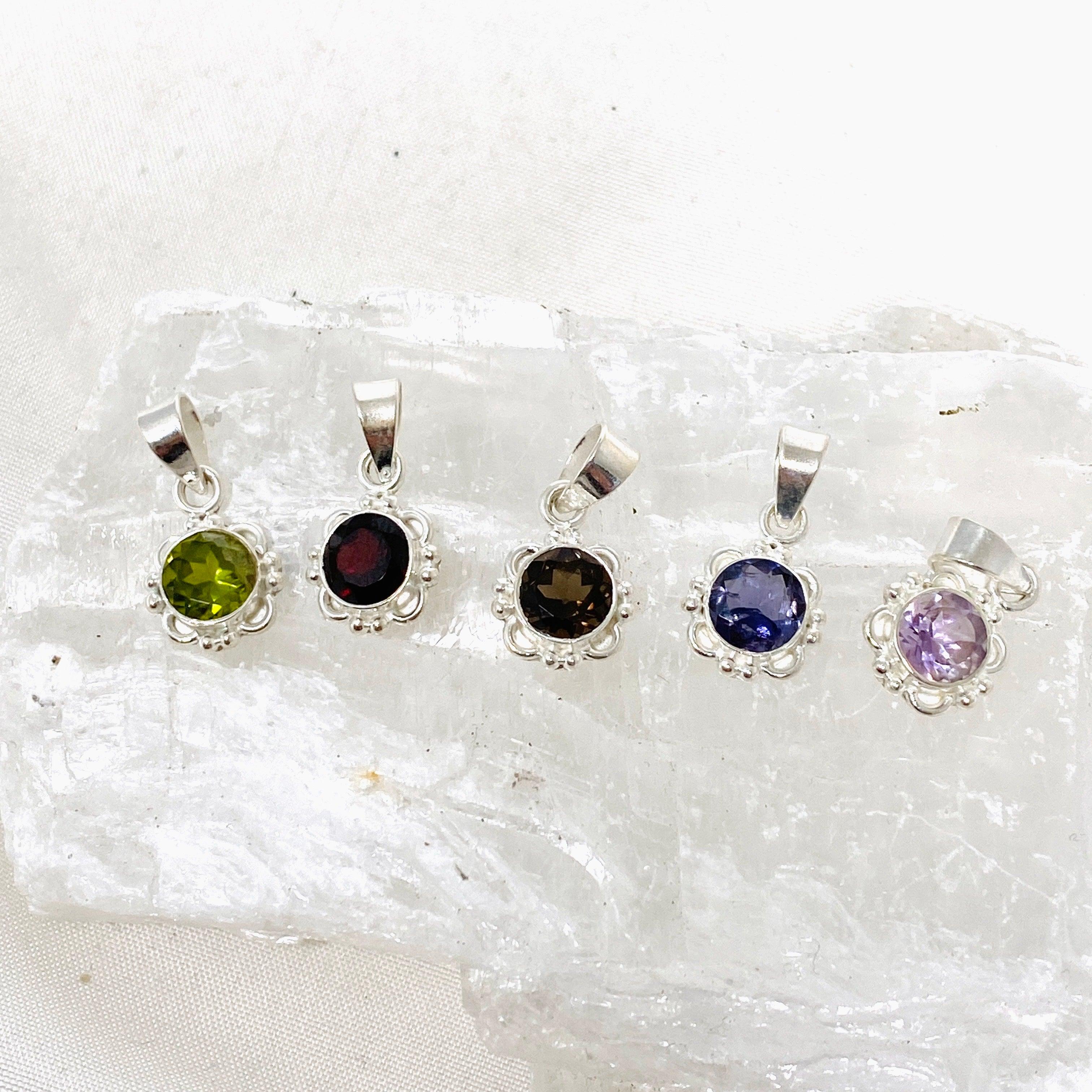 Faceted Gemstone Pendant Necklace - Round Cut Crystal Jewelry with Decorative Setting KPGJ4559 for Women, Gift for Her, Birthday & Anniversary Present