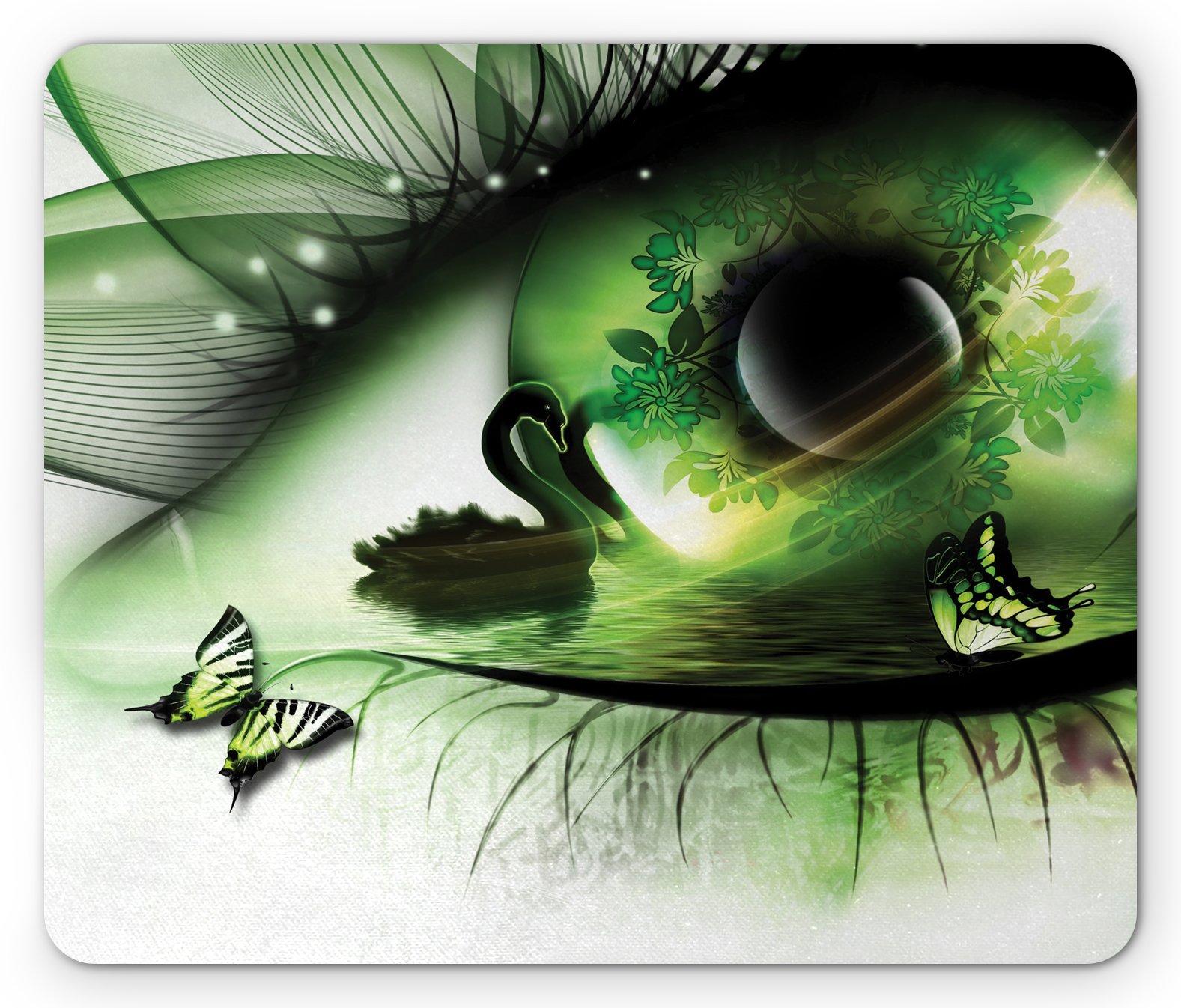 Ambesonne Abstract Mouse Pad - Surreal Swan & Butterflies Design, Non-Slip Rubber Base, Standard Size (Green/Black/White) - Perfect for Office, Gaming & Home Computer Setup