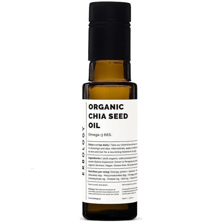 Organic Chia Seed Oil by Erbology - 100ml Cold Pressed, Rich in Omega-3 for Skin & Hair Care - Perfect for Cooking, Salad Dressings & Natural Beauty Routines