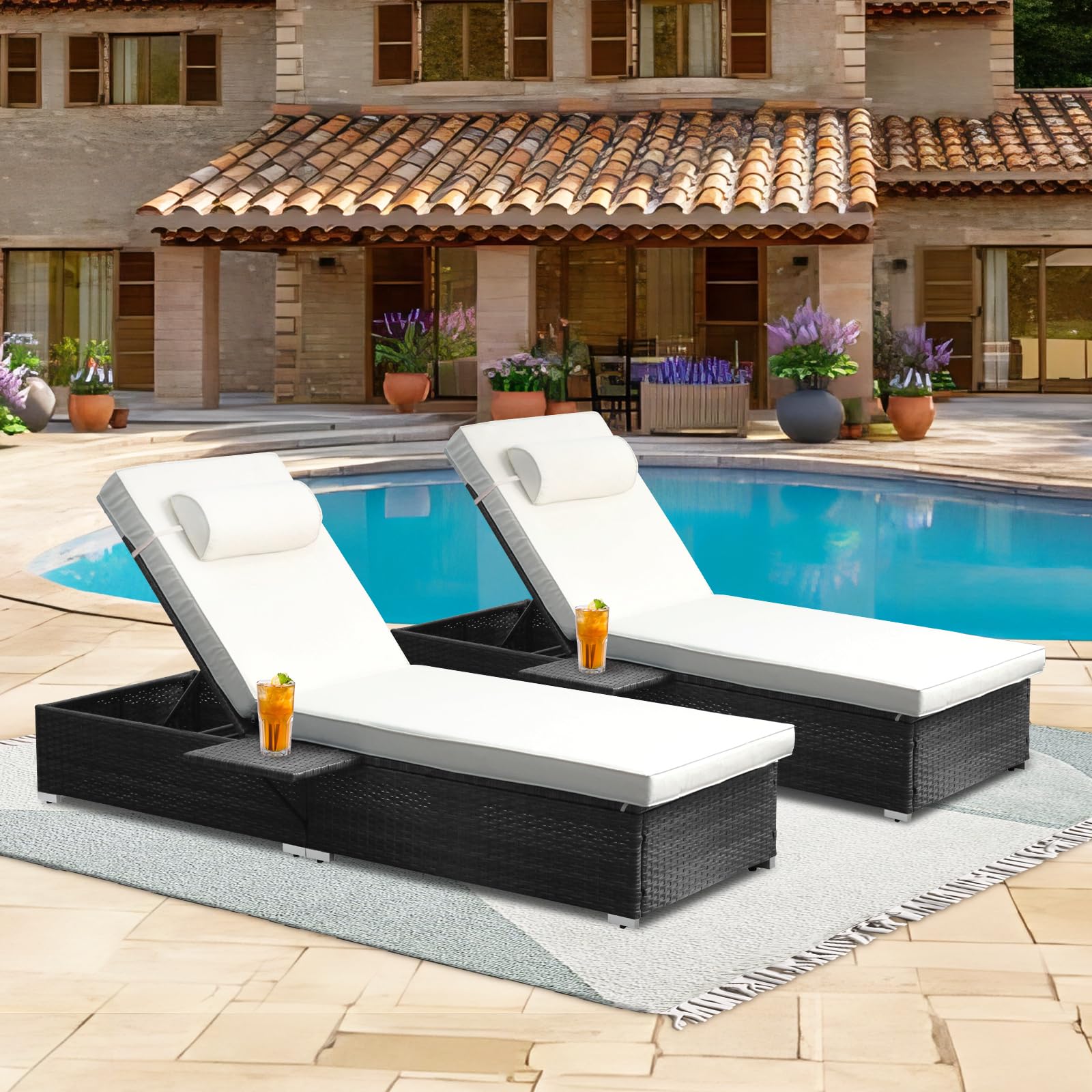 SoarFlash Wicker Chaise Lounge Set - Adjustable Backrest Outdoor Patio Recliner Chair with Side Shelf for Garden, Yard, Poolside - Beige Color - Perfect for Relaxing by the Pool, Sunbathing or Backyard Lounging