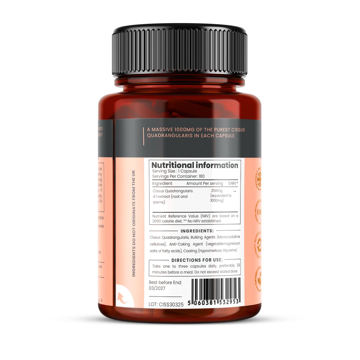 Double Strength Cissus Quadrangularis 1000mg - 1080 Veggie Capsules (6 x 180 Bottles) | Joint Support & Bone Health Supplement | Ideal for Athletes, Fitness Enthusiasts & Active Lifestyles