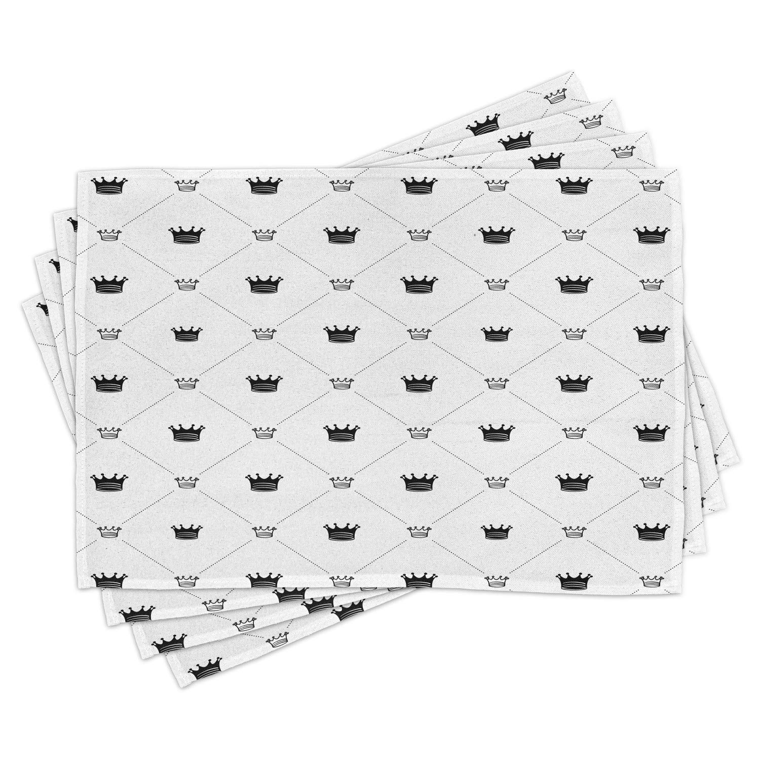 Ambesonne Abstract Place Mats Set of 4 - Diamond Check Pattern with Traditional Crown Symbols in Monochrome Black & White | Washable Fabric Dining Table Mats (Standard Size) | Perfect for Formal Dinners, Holiday Gatherings & Everyday Use