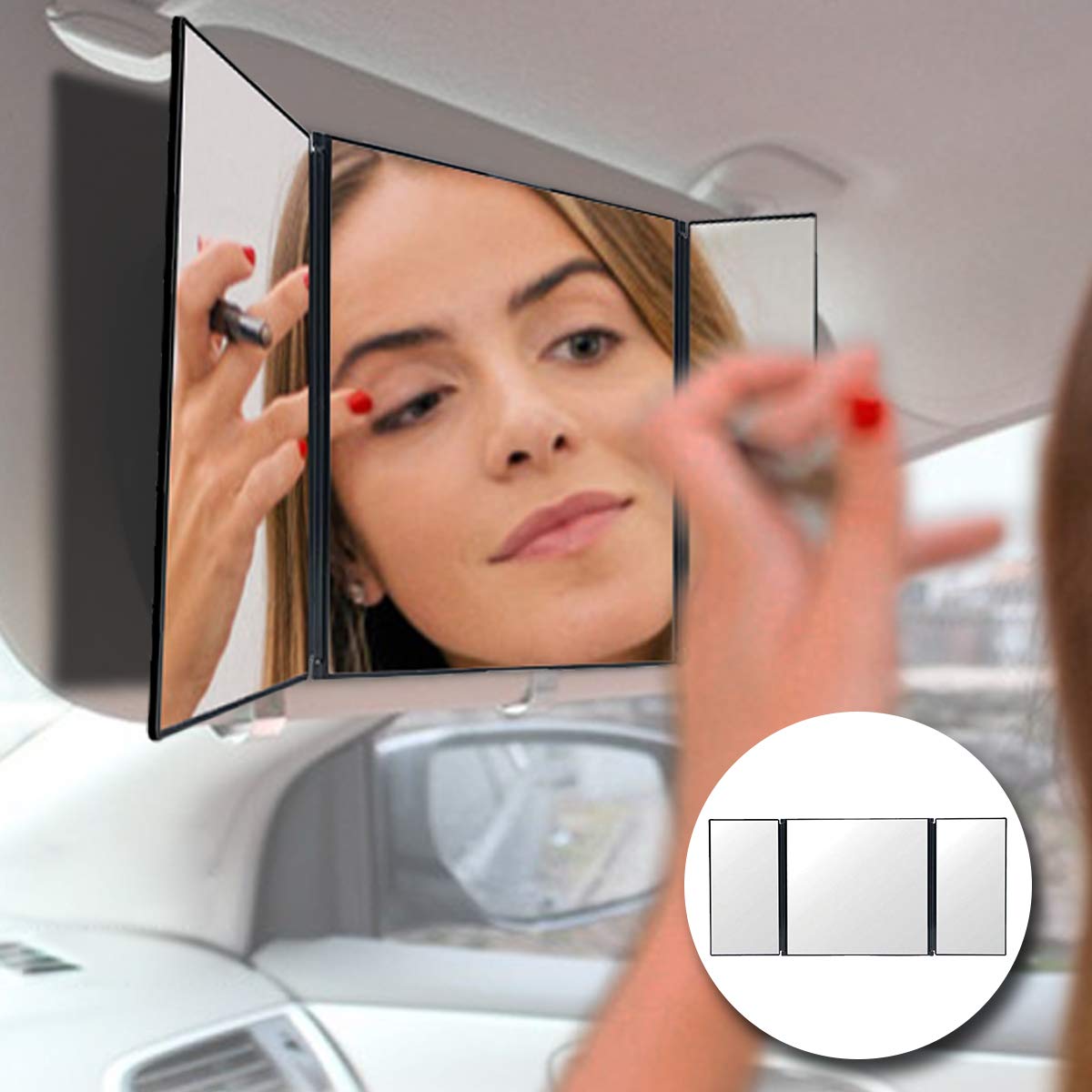 VaygWay Tri-Fold Car Visor Mirror - Universal Clip-On Vanity Mirror for Cars, Trucks & SUVs - Travel Makeup Cosmetic Mirror with Wide View - Perfect for On-the-Go Touchups and Rear Visibility