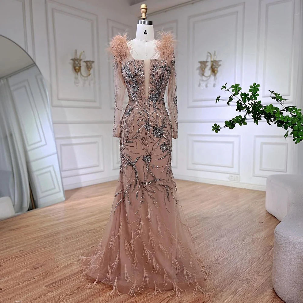Luxury Dubai Nude One Shoulder Beaded Feather Mermaid Evening Dress for Women - Elegant Wedding Party Gown LA72508 | Perfect for Red Carpet Events, Galas & Formal Occasions