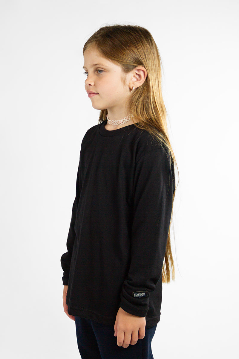 OCN Kids Basic Long Sleeve Relaxed T-Shirt for Boys & Girls - Soft Cotton Comfortable Black Top for School, Play & Everyday Wear