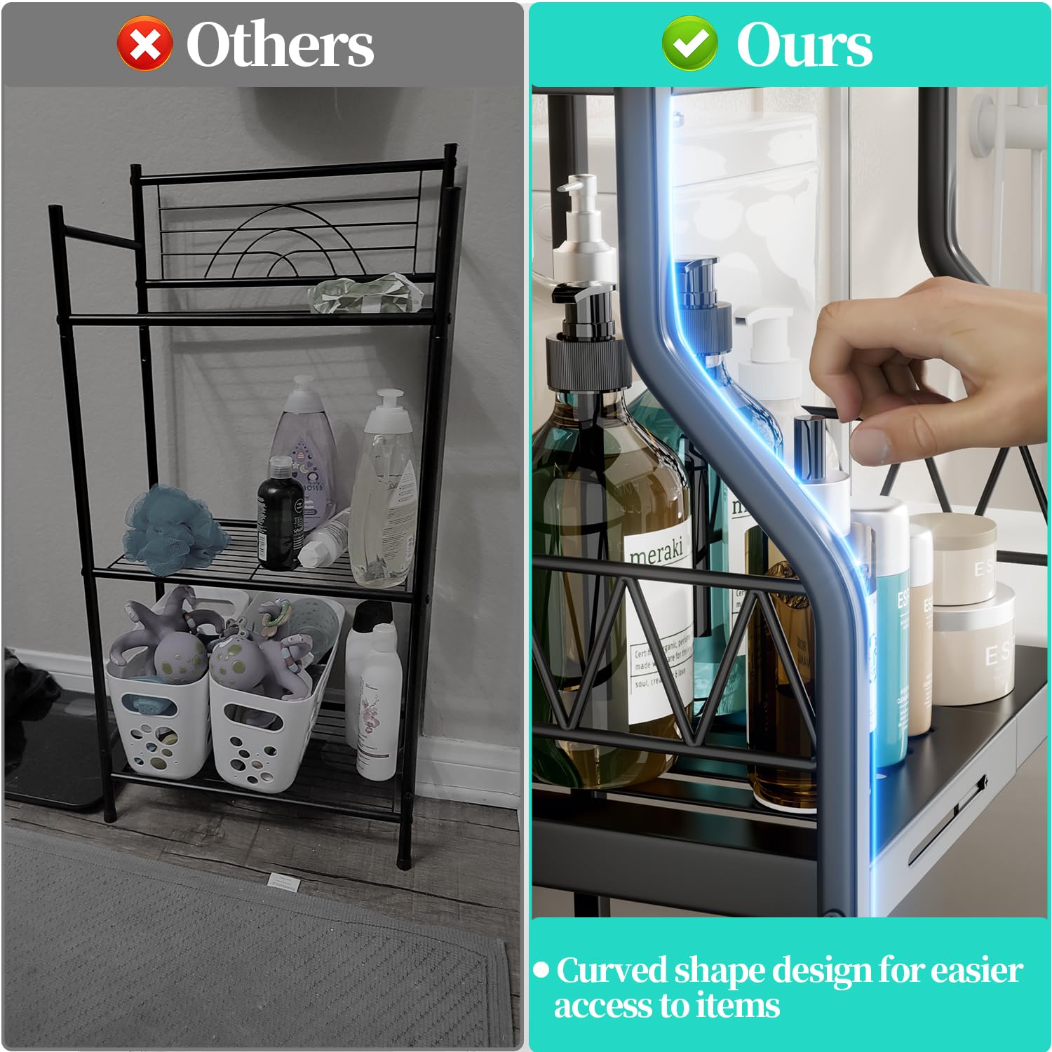 HapiRm 3-Tier Expandable Narrow Bathroom Shelf Organizer - Free Standing Metal Storage Rack for Bathroom, Kitchen & Laundry - Space Saving Slim Cabinet for Toiletries, Towels & Cleaning Supplies (Black) - Perfect for Small Spaces & Apartment Organization