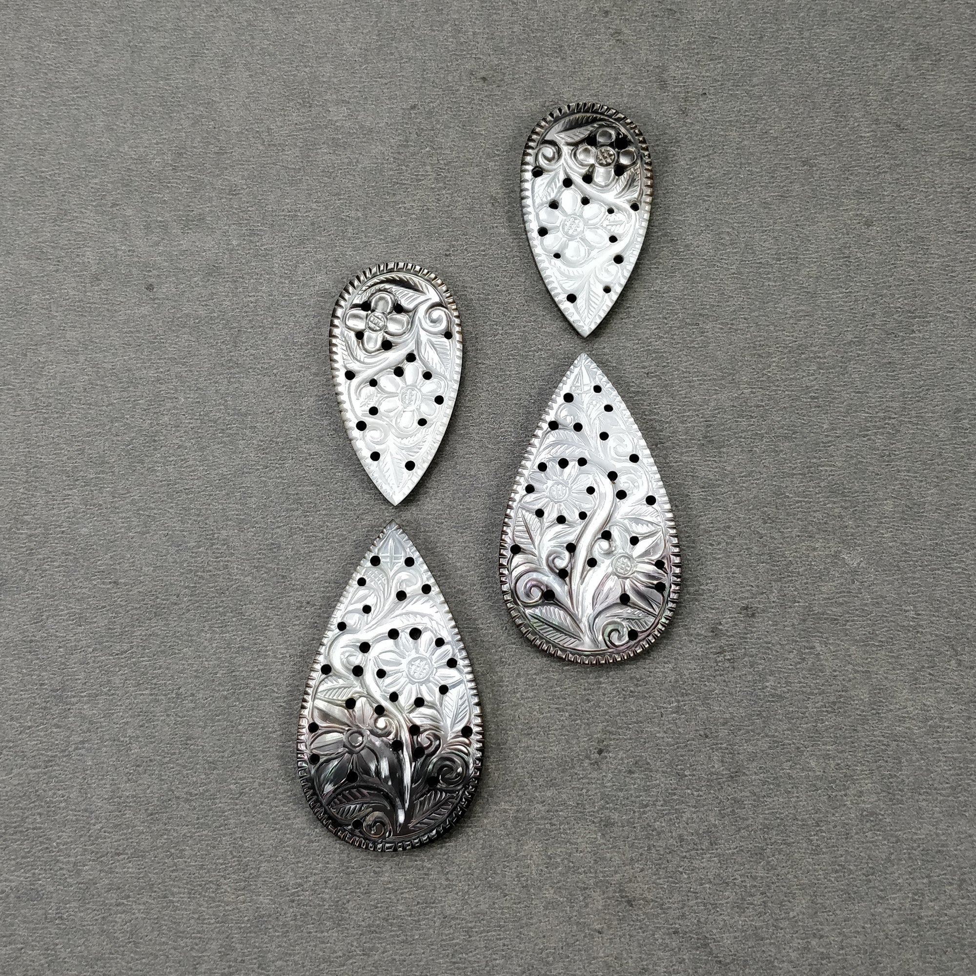 Natural Untreated Black Mother of Pearl Gemstone Carving - 103.25cts Hand Carved Pear Shape (37.5x20mm & 47x27mm) 4pcs - Perfect for Jewelry Making, Home Decor & Spiritual Healing