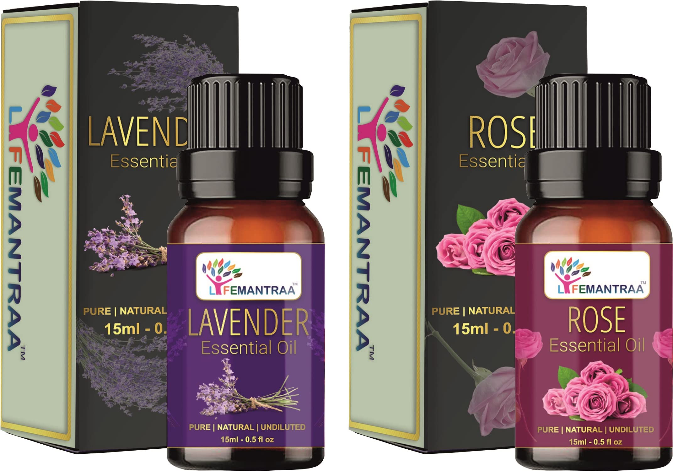 Pure Lavender & Rose Essential Oil Set - 15ml Each (30ml Total) for Aromatherapy, Home Fragrance Diffusers, Soap Making, Candle Making | Natural Air Freshener for Bedroom, Spa, Yoga & Relaxation