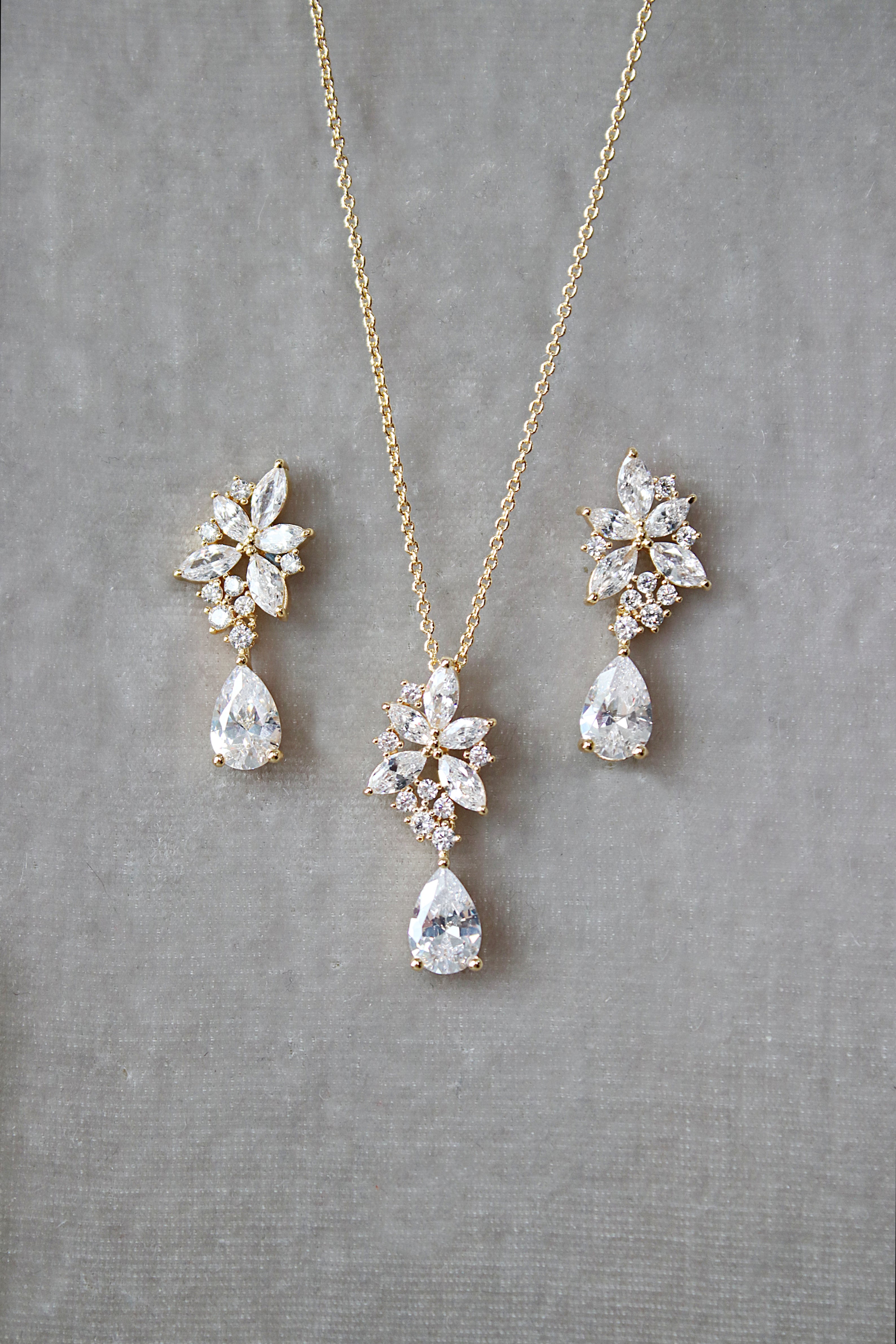 BELLA Bridal Drop Earrings and Necklace Set - Sterling Silver Wedding Jewelry for Bride, Bridesmaids - Perfect for Weddings, Prom, Anniversary Gifts