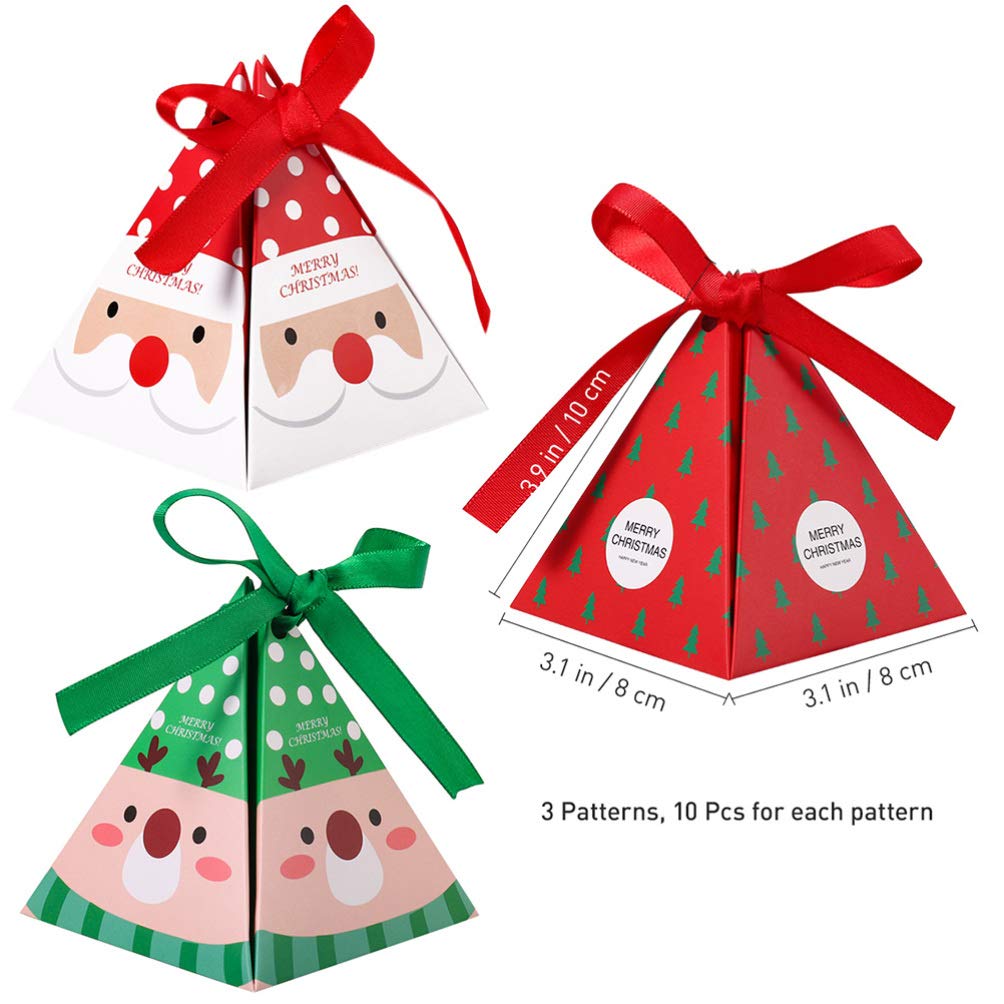 Korean Christmas Candy Box Set - 30pcs 3D Triangle Holiday Treat Boxes with Ribbon, Santa & Reindeer Design for Chocolate Gifts (Red Santa) - Perfect for Christmas Parties, Gift Exchanges & Festive Celebrations