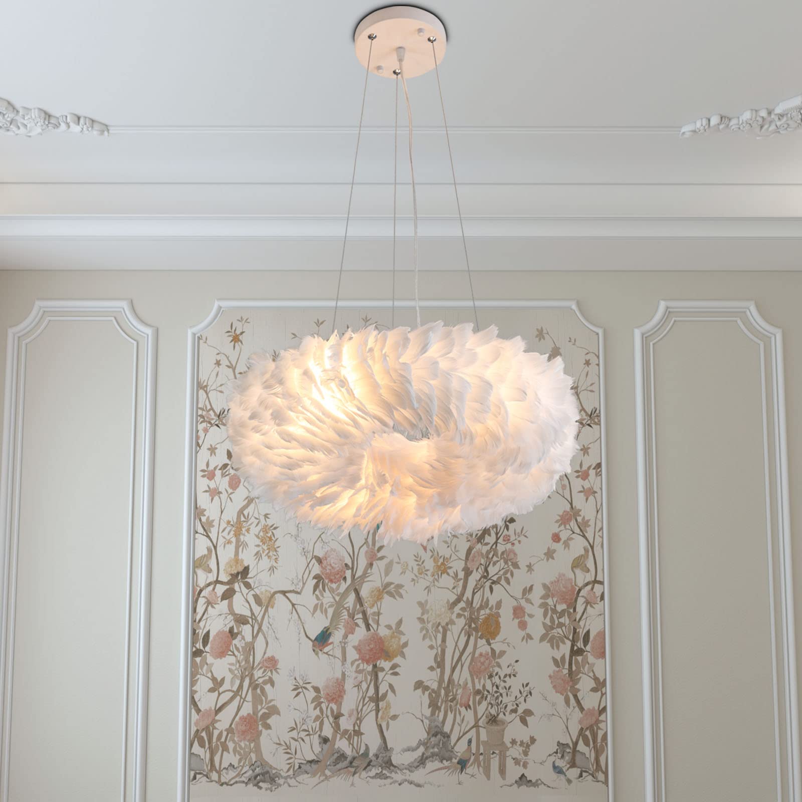 Maxax 6-Light Feather Pendant Chandelier - Modern Nordic Ceiling Light with White Shade for Bedroom, Living Room & Girls Room | Romantic Ambiance Lighting for Dining Areas & Home Decor