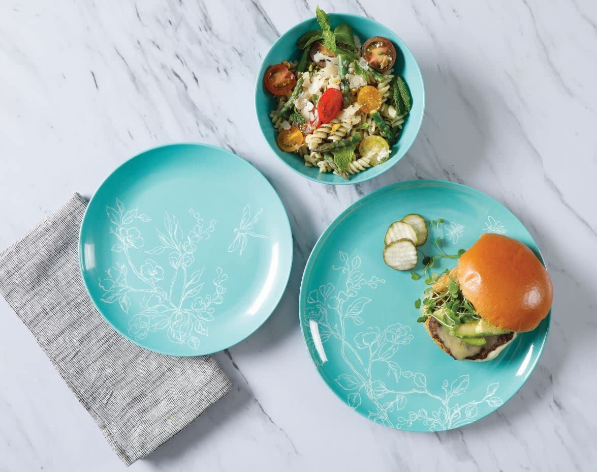 Martha Stewart Dragonfly Melamine Dinnerware Set - Teal, 12-Piece Service for 4, Outdoor & Indoor Use, Shatterproof & Lightweight for Picnics, Pool Parties & Everyday Dining