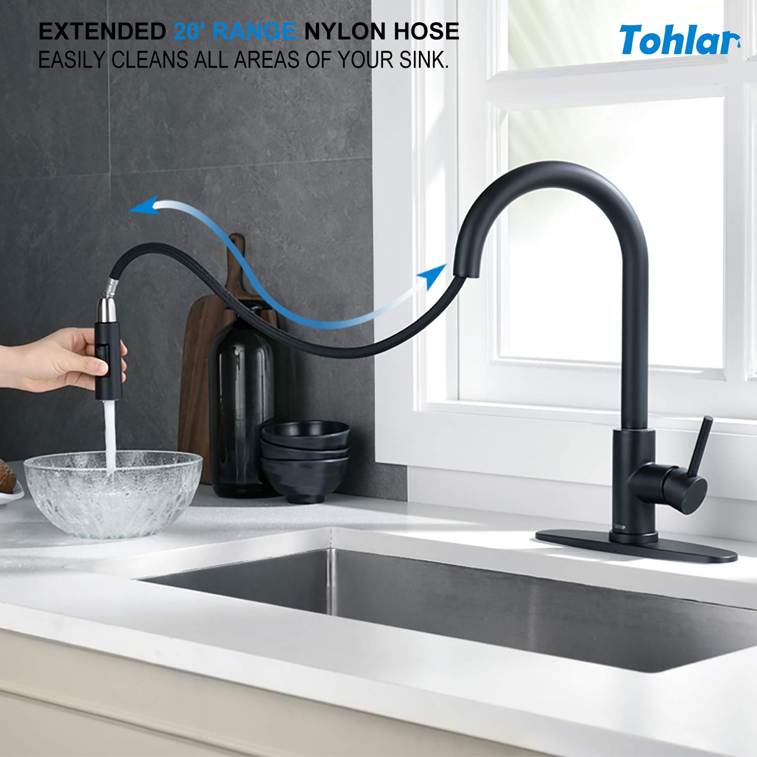 Tohlar Black Kitchen Faucet with Pull-Down Sprayer - Single Handle Modern Stainless Steel Sink Faucet with Deck Plate - Perfect for Home, Restaurant & Commercial Kitchen Use