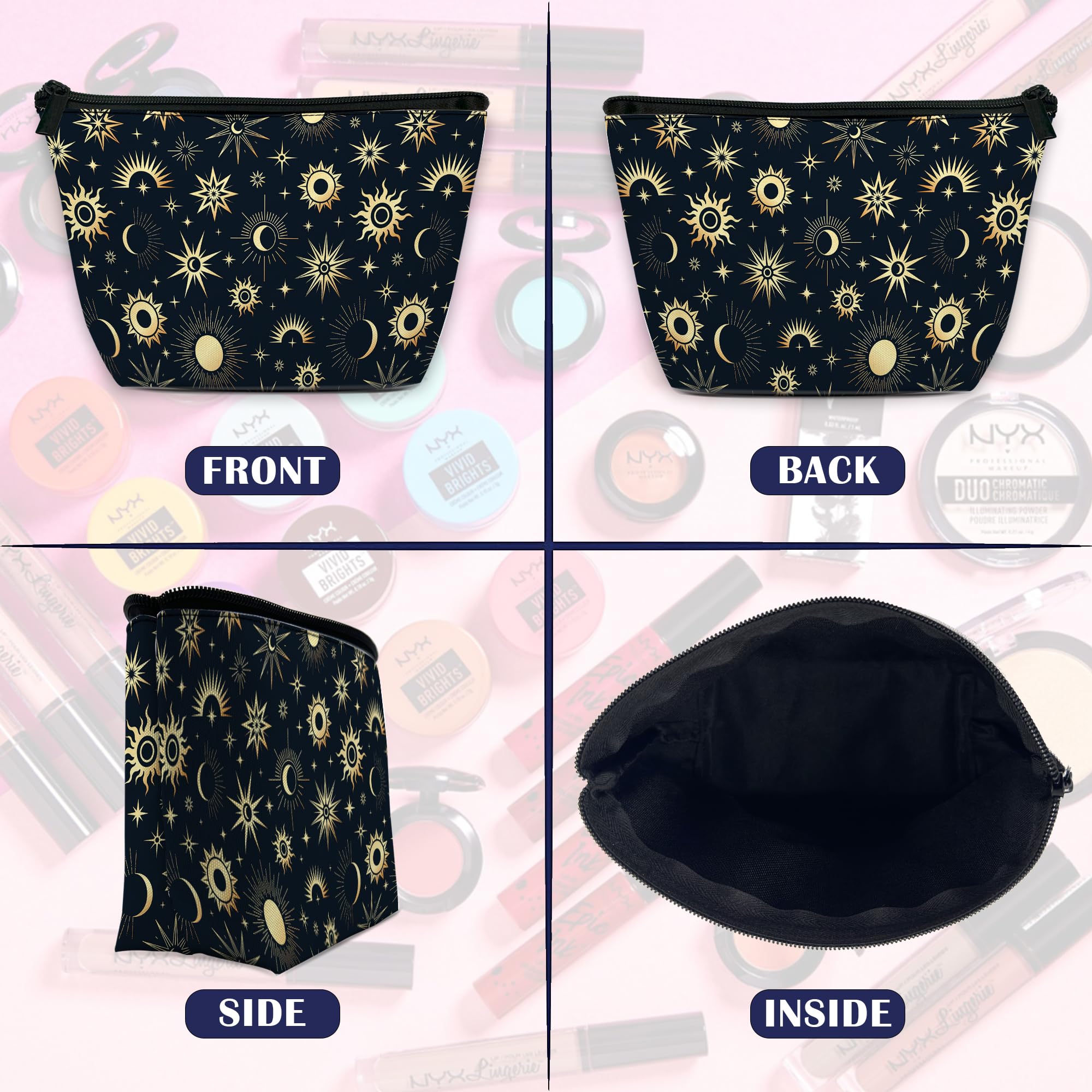 Stylish Gold Boho Cosmetic Bag for Women - Moon & Stars Design Makeup Pouch (9.5×5.9 Inch) | Travel Toiletry Organizer, Funny Zipper Purse Gift Idea | Perfect for Daily Use, Vacation Trips & Birthday Presents