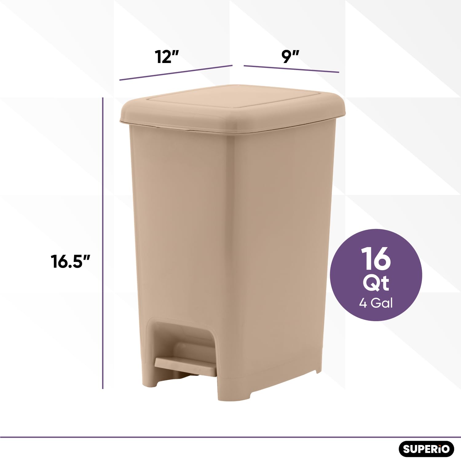 Superio 4 Gallon Slim Step-On Trash Can with Lid - Small Plastic Garbage Bin for Bathroom, Bedroom, Kitchen, Office, RV, Dorm & Patio - Hands-Free Foot Pedal Design - Perfect for Tight Spaces & Hygienic Waste Disposal - Beige