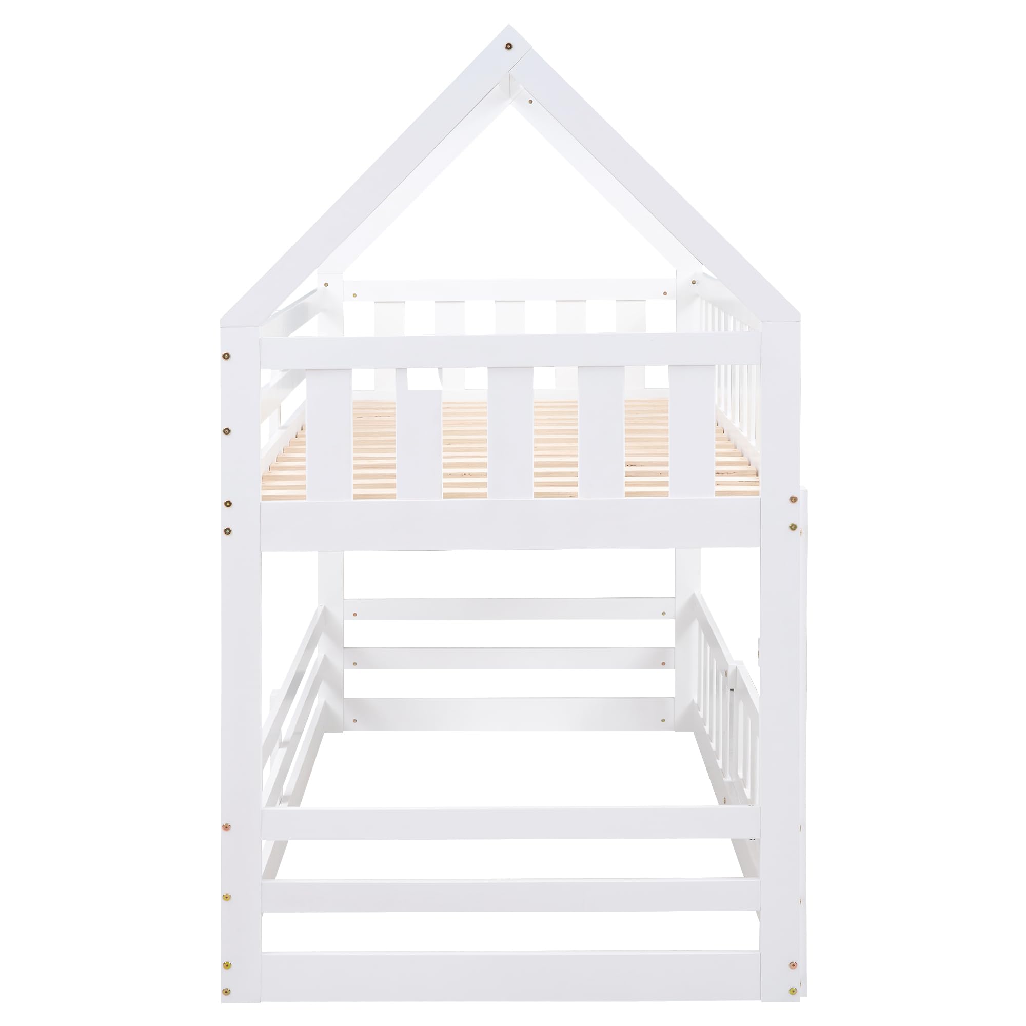 Twin Over Twin Bunk Bed with Safety Fence & Door - Solid Wood Montessori Floor Bed for Toddlers & Kids - No Box Spring Needed - White - Perfect for Small Bedrooms, Daycare Centers & Montessori Schools