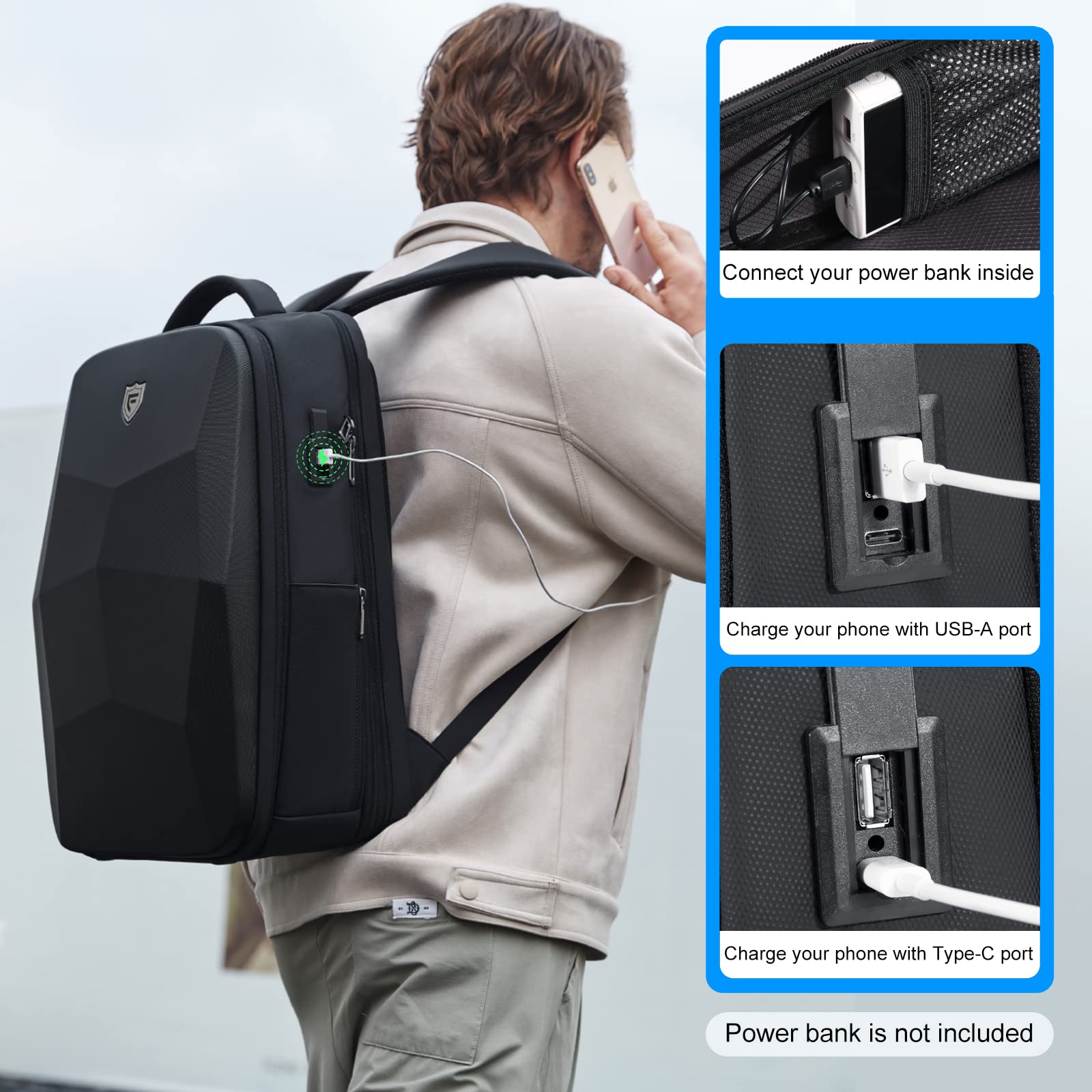 FENRUIEN Expandable Anti-Theft Laptop Backpack for Men - 17.3 Inch Water Resistant Hardshell Computer Bag with USB Charging Port - Perfect for Business Travel, Commuting & College Use