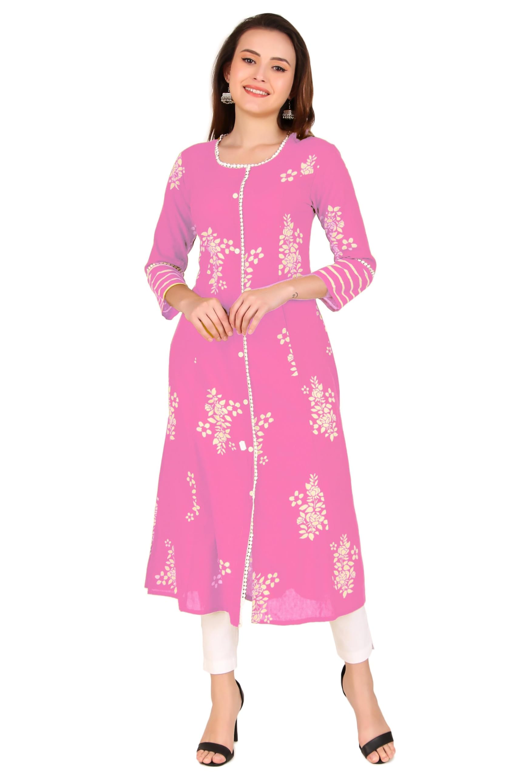 Ladyline Women's Cotton Lace Long Tunic Top with Button Down & Princess Front Slit - Elegant Indian Kurti Kurta Dress for Casual Wear, Office Outfits & Special Occasions