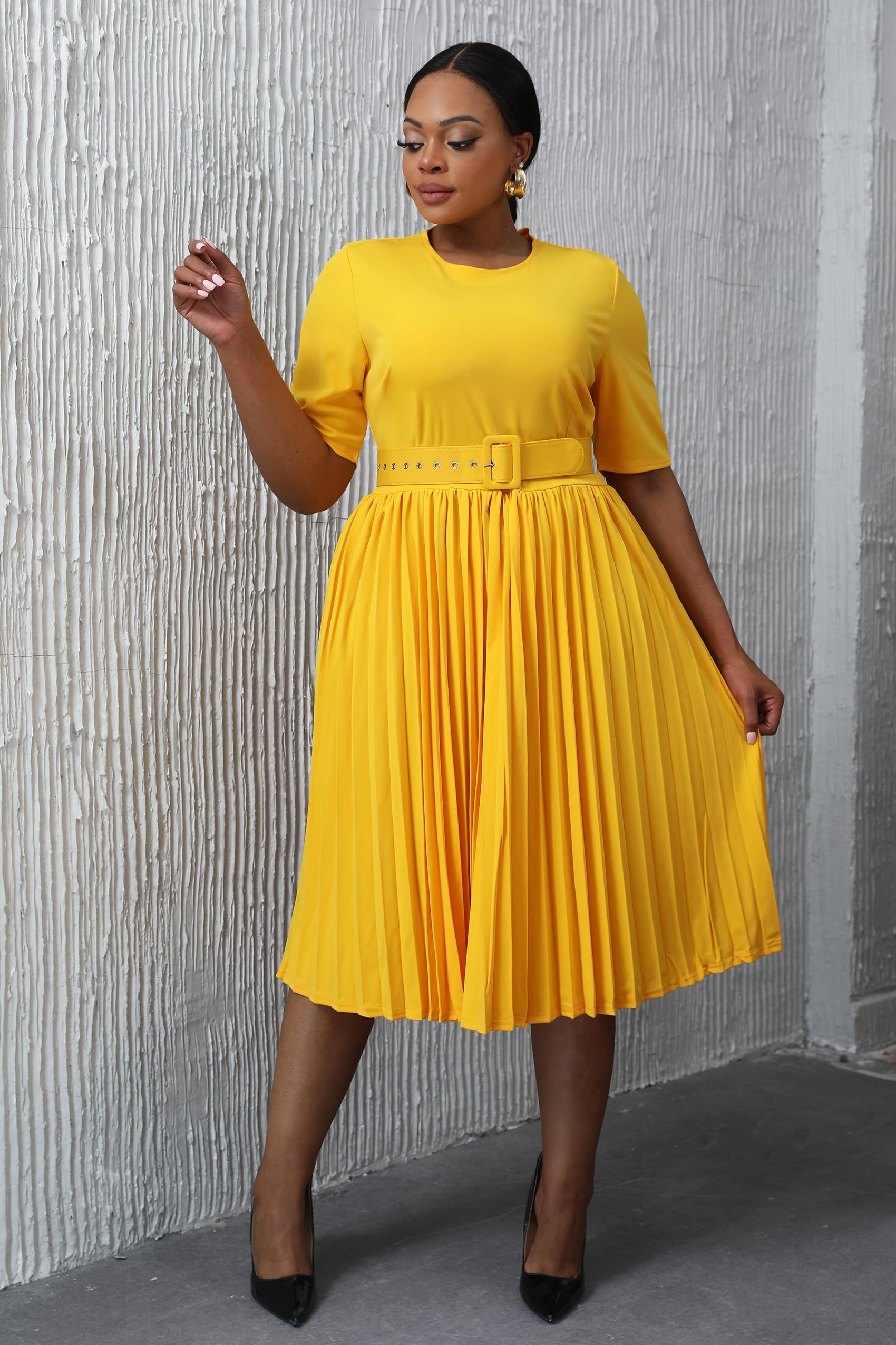 VERWIN Plus Size Short Sleeve A-Line Dress for Women - Round Neck Midi Dress with Belt & Pleated Design | Perfect for Office, Date Night & Summer Outfits
