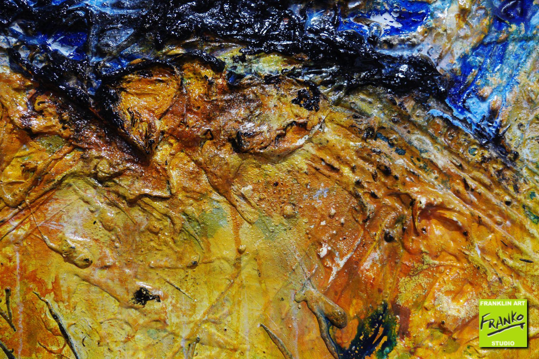 Blue Sienna 240cm x 100cm Abstract Textured Painting - Modern Black & Blue Wall Art for Living Room, Bedroom & Office Decor