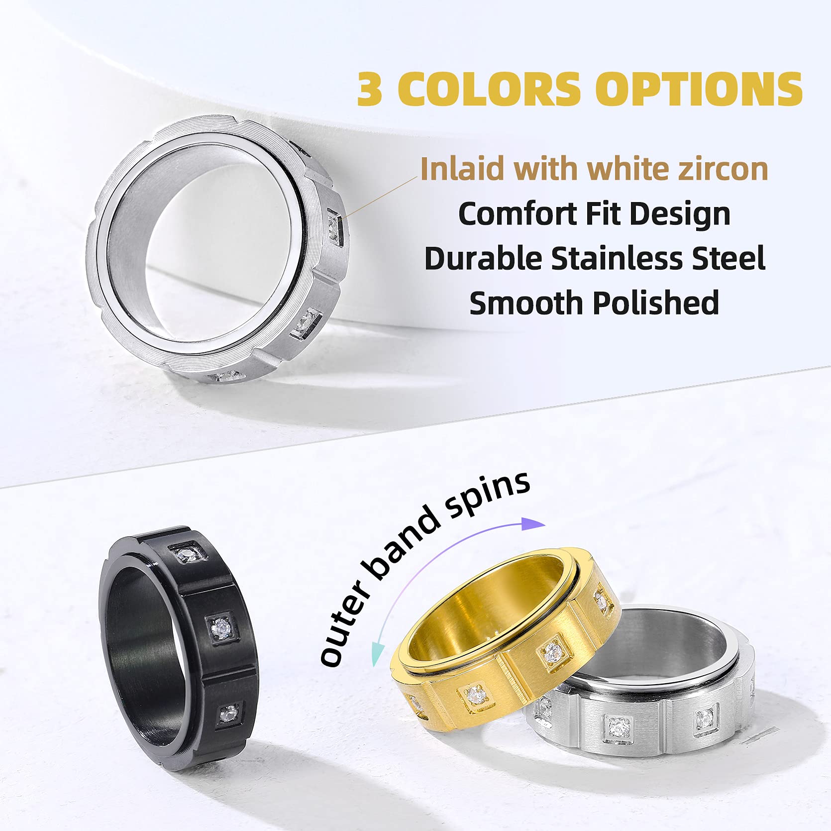 GOLDCHIC Spinner Ring for Men & Women - Sand Blast Finish Celtic Fidget Band Ring for Anxiety Relief - Titanium Steel Worry Ring in Black & 18k Gold Plated (8mm, Size 7-12) with Gift Box - Perfect for Stress Relief, Meditation & Focus