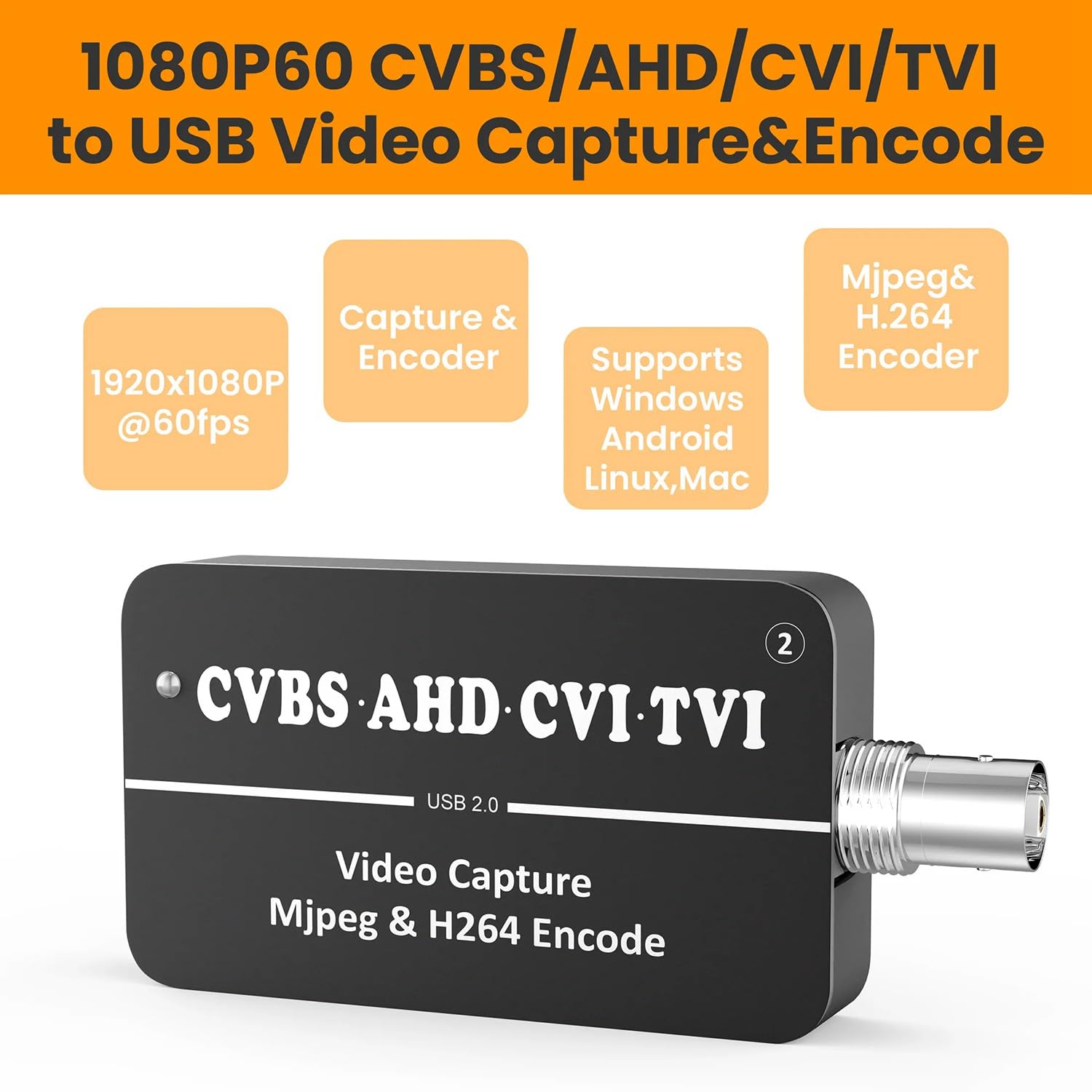 Tassety 1PC LCC261 1080P CVBS to USB Video Capture Card - Black Aluminum Alloy AHD CVI TVI Converter for PC/Laptop - Perfect for Live Streaming, Security Monitoring & Video Recording