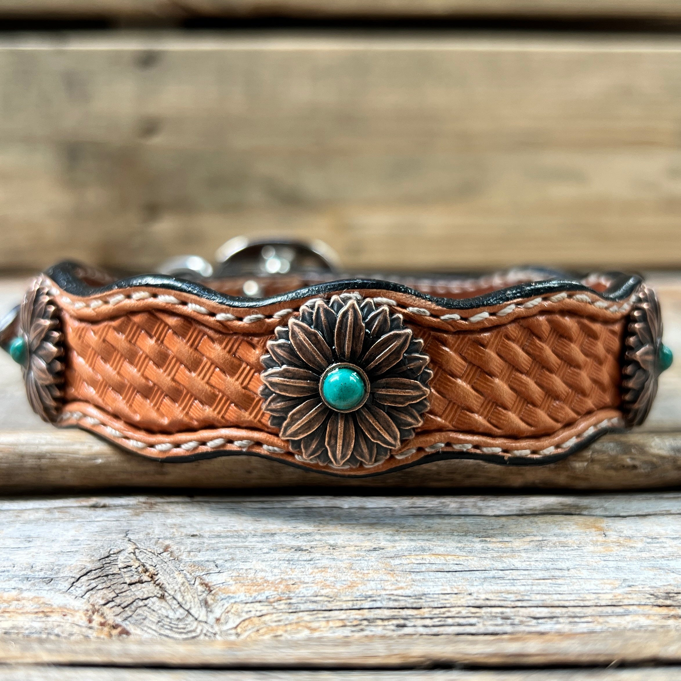 Premium Genuine Leather Dog Collar with Decorative Copper Flower Conchos - Adjustable 10-22 inch (W132S DC6) for Small to Medium Dogs - Perfect for Daily Walks, Training & Fashion Accessories