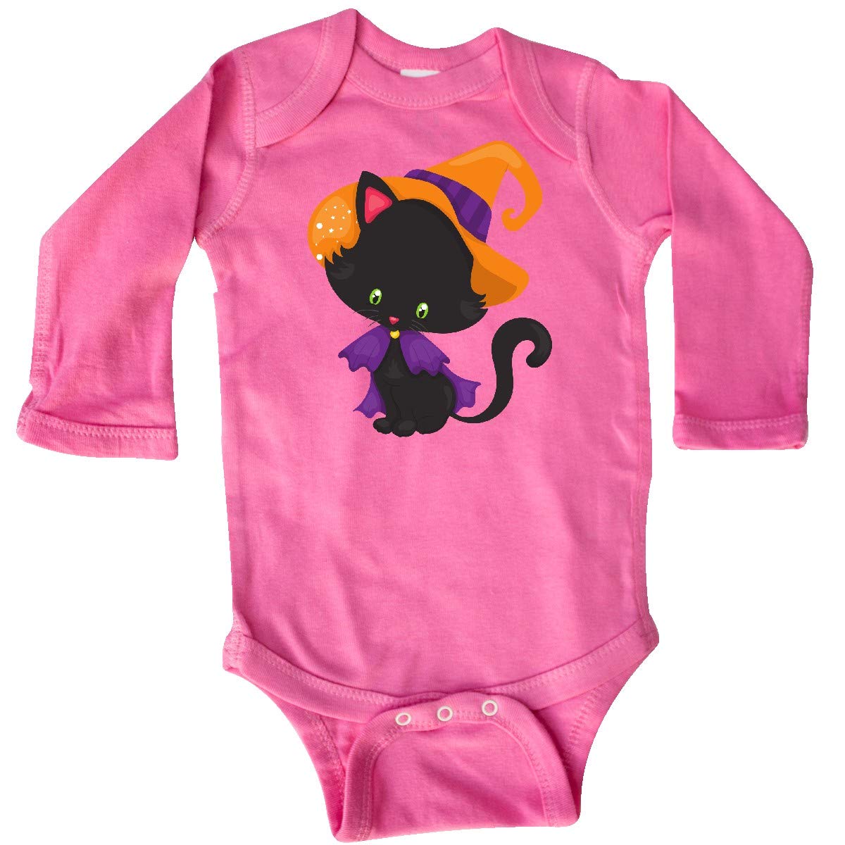 Inktastic Halloween Cat T-Shirt - Cute Black Cat with Witch Hat Long Sleeve Creeper for Women | Halloween Party, Cosplay, Witch Costume, Spooky Outfit