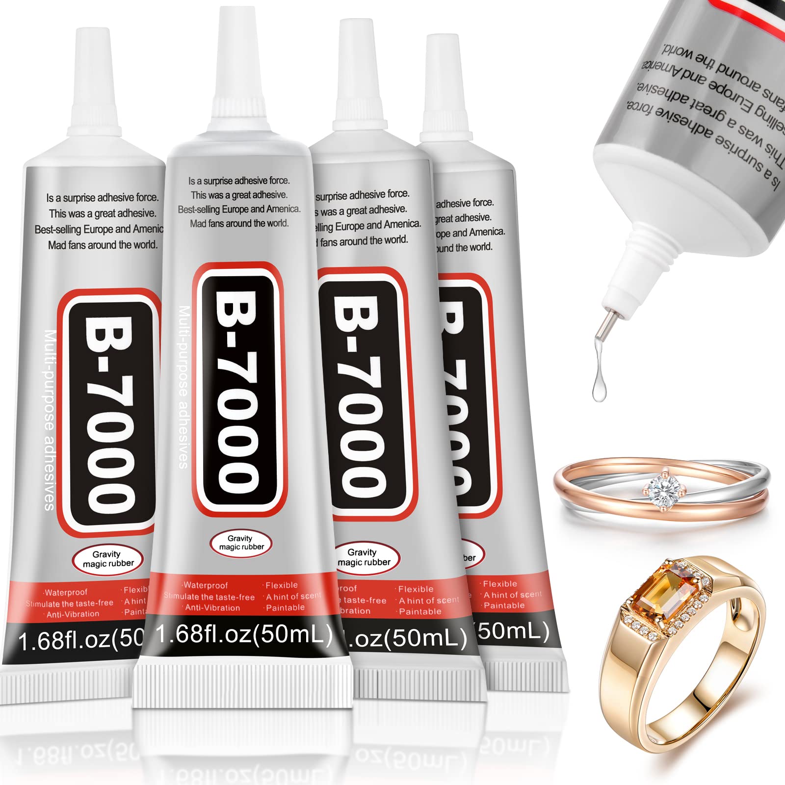 4 PCS 50ML B7000 Super Strong Clear Glue - Multipurpose Flexible Adhesive for DIY Jewelry, Rhinestones, Beads, Fabric, Shoes & Phone Screen Repair - Perfect for Crafts, Nail Art & Home Fixing Projects