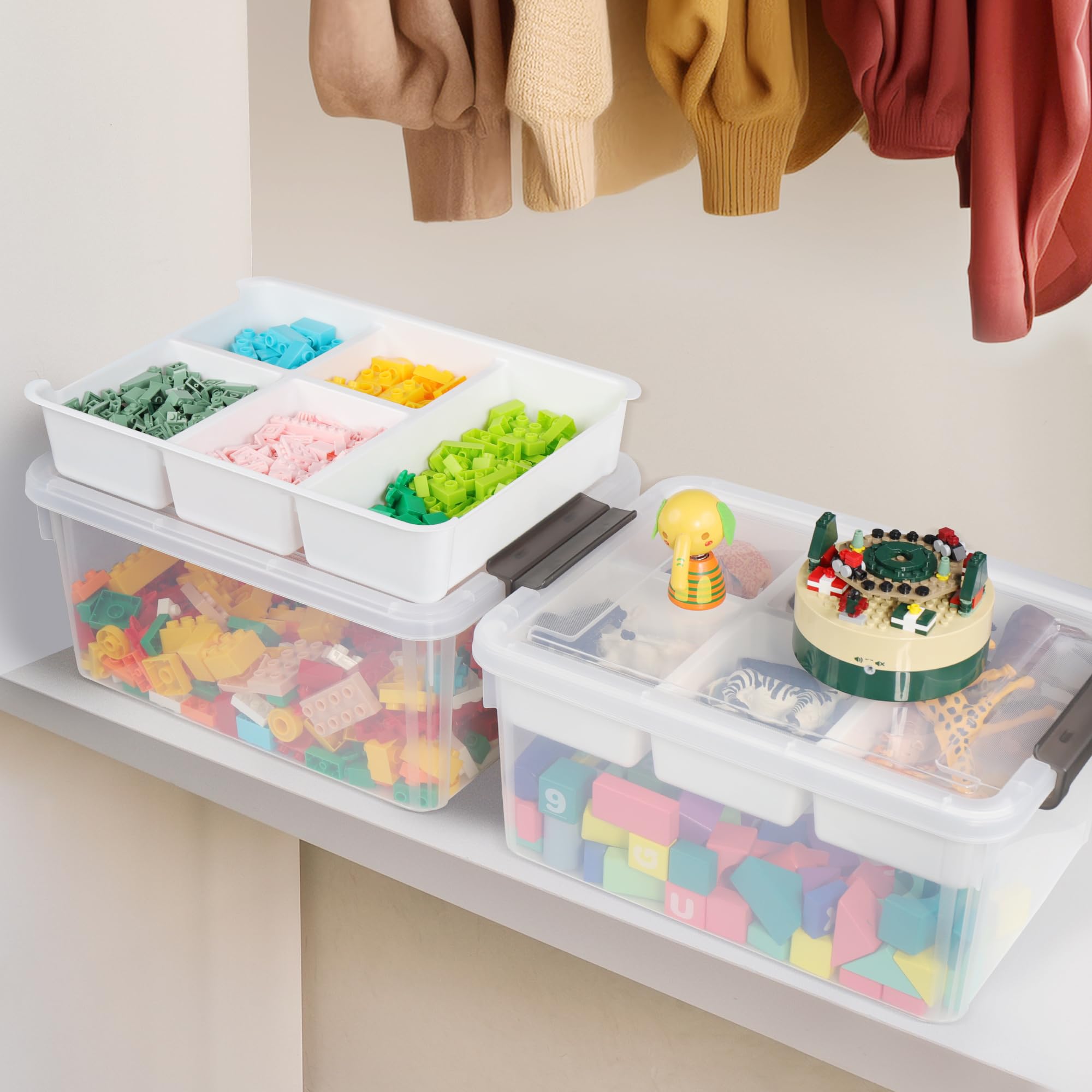 2 Pack 17 QT Clear Plastic Storage Bins with Lids - Stackable Organizer Box for Art Supplies, Crafts, Legos, Crayons, Sewing & Beads - Includes Removable Tray for Easy Access - Perfect for Craft Rooms, Playrooms & Home Organization