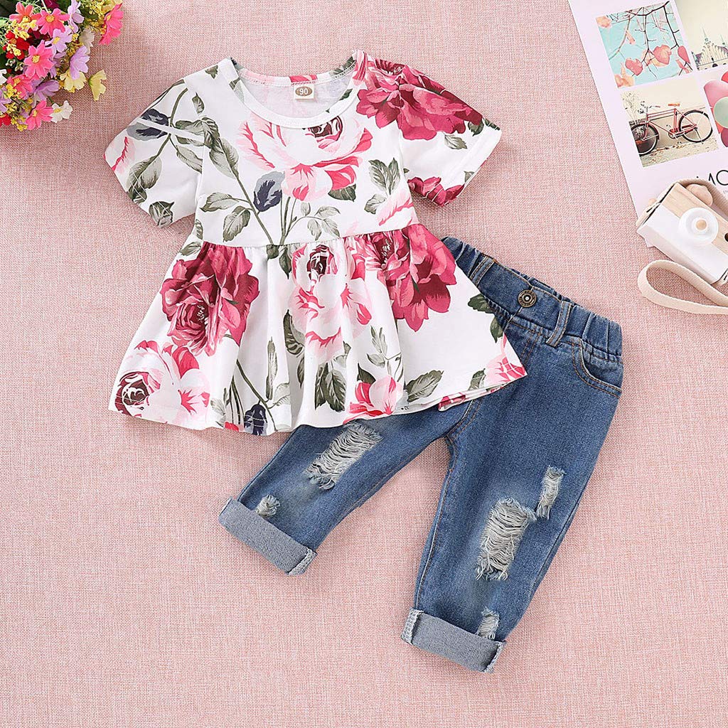XIMIN Baby Girls Denim Outfit Set - Floral Embroidered Jean Top & Hole Kids Pants Toddler Clothes | Cute Casual Playdate & Photoshoot Outfits for Girls