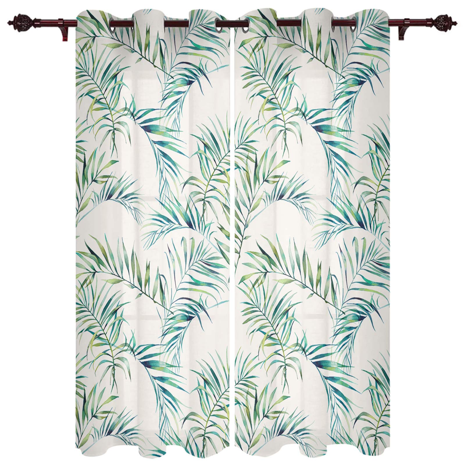 Tropical Green Plant Leaf Sheer Curtains - 2 Panels Kitchen Tier Grommet Drapes, 96 Inch Length for Living Room, Bedroom, Patio & Sliding Glass Doors | Light Filtering Window Treatment for Privacy & Natural Decor