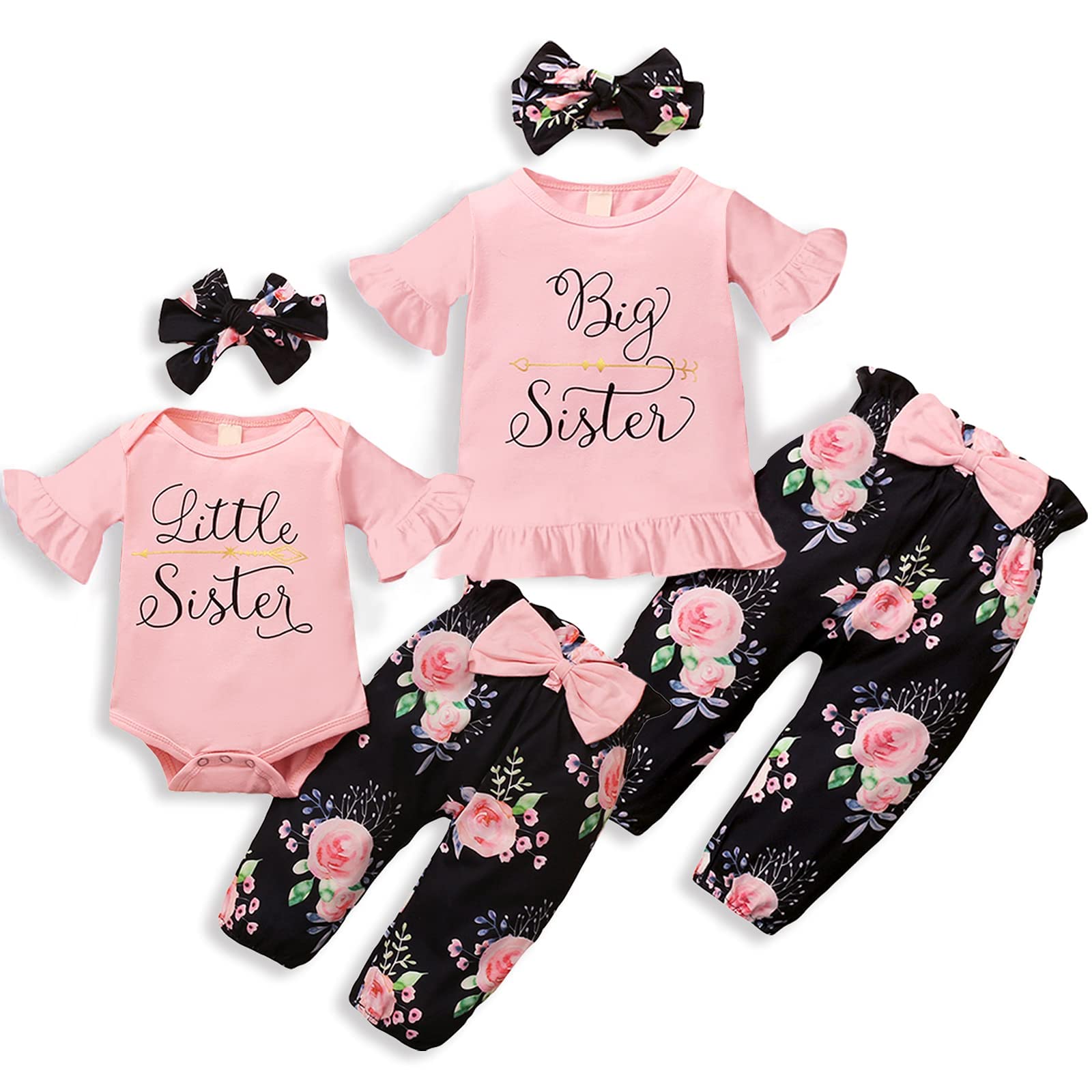 AMAWMW Big Sister Little Sister Matching Outfits - Toddler & Newborn Girl Clothes Set with Ruffle Romper, Floral Pants & Headband (3Pcs) - Perfect for Family Photos, Sibling Bonding & Special Occasions