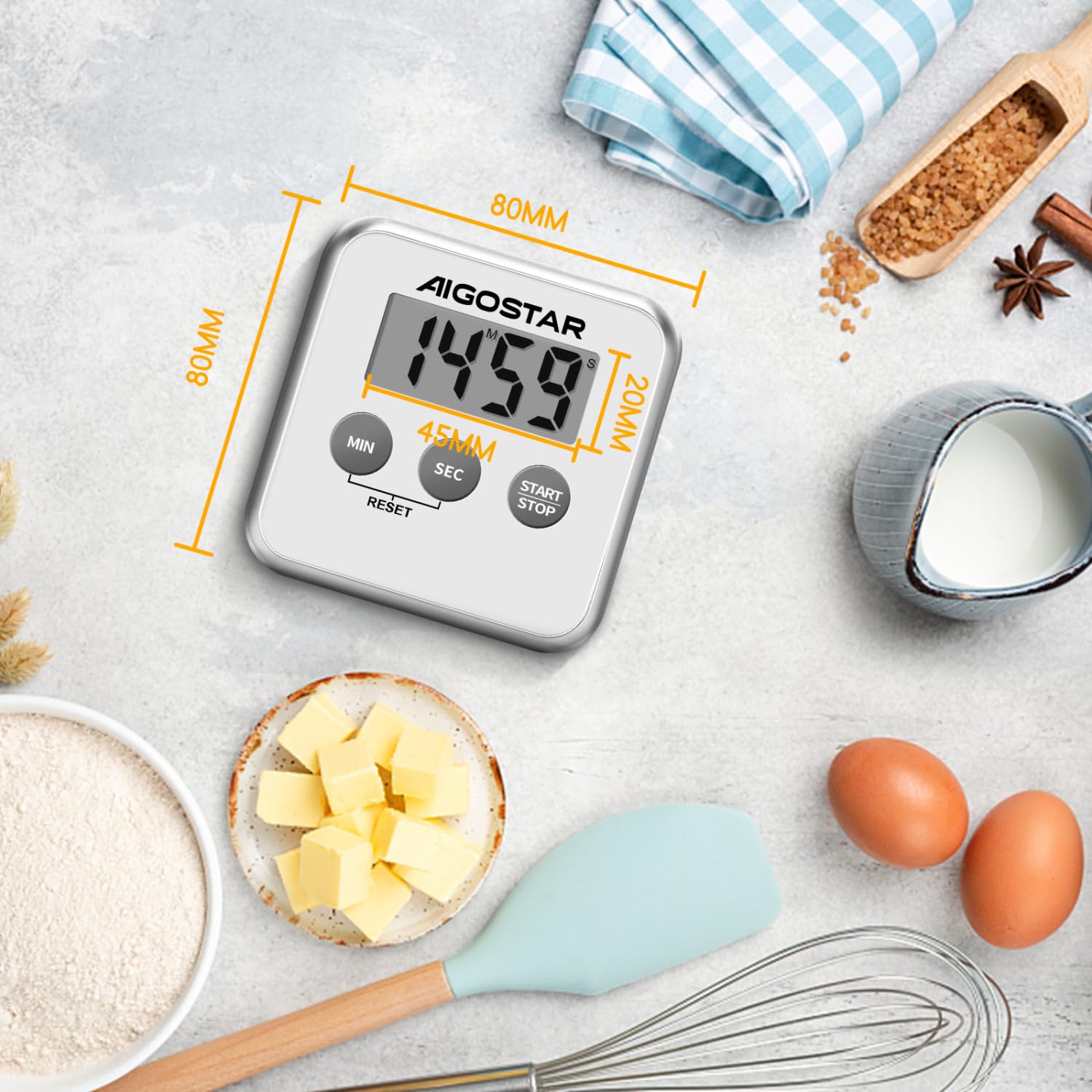 Aigostar Digital Kitchen Timer with Large LCD Display - 3-in-1 Countdown Timer, Alarm Clock & Stopwatch - Magnetic Back, Stand & Hole for Easy Mounting - Perfect for Cooking, Studying, Workout & Office Use