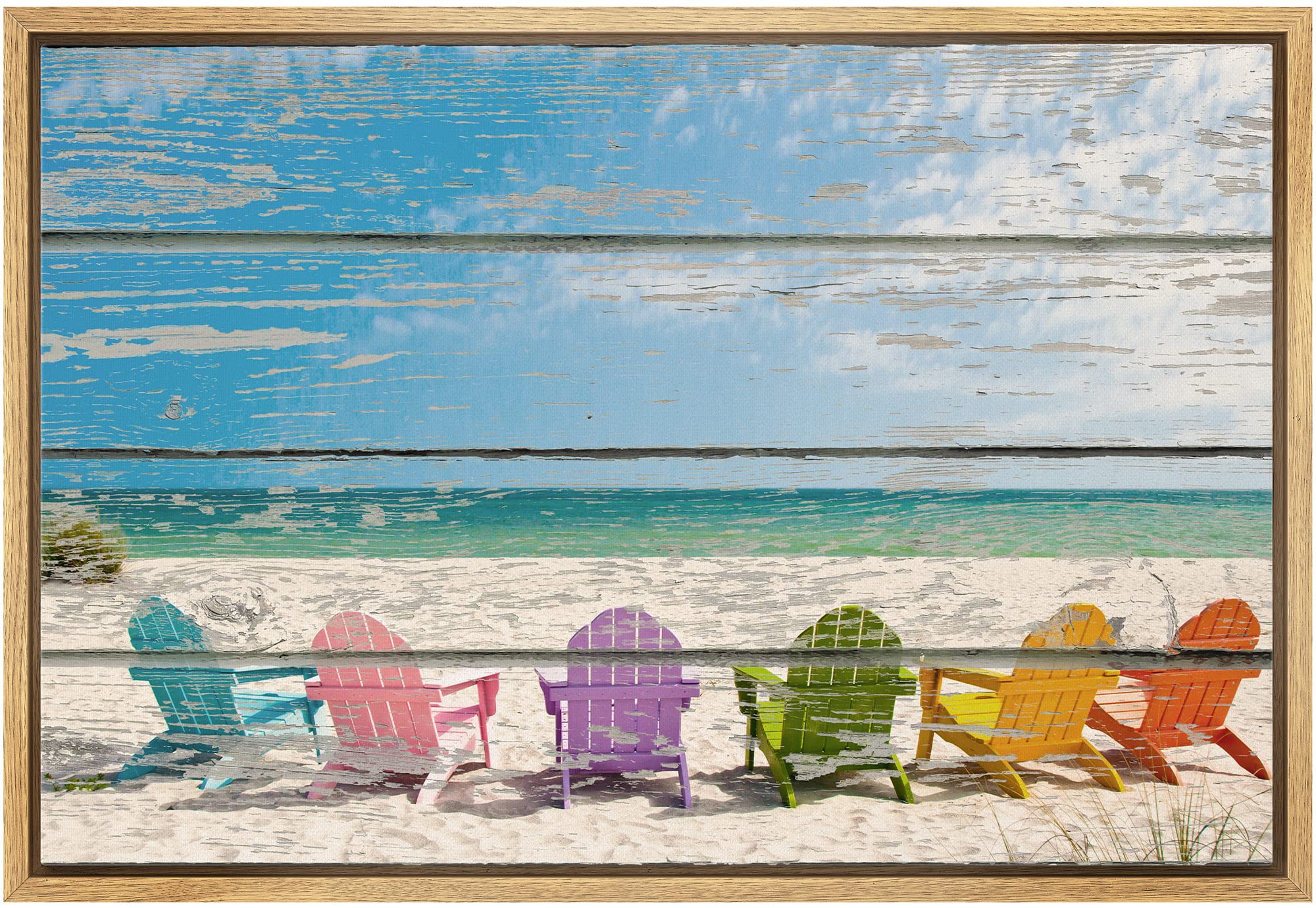 Wall26 Framed Canvas Print - Rainbow Beach Chairs Ocean Scenery Wall Art, 24x36 Inch Wood Panel Photography for Living Room, Bedroom & Office Decor | Coastal Home Decor, Beach House Wall Art, Nautical Theme Interior Design
