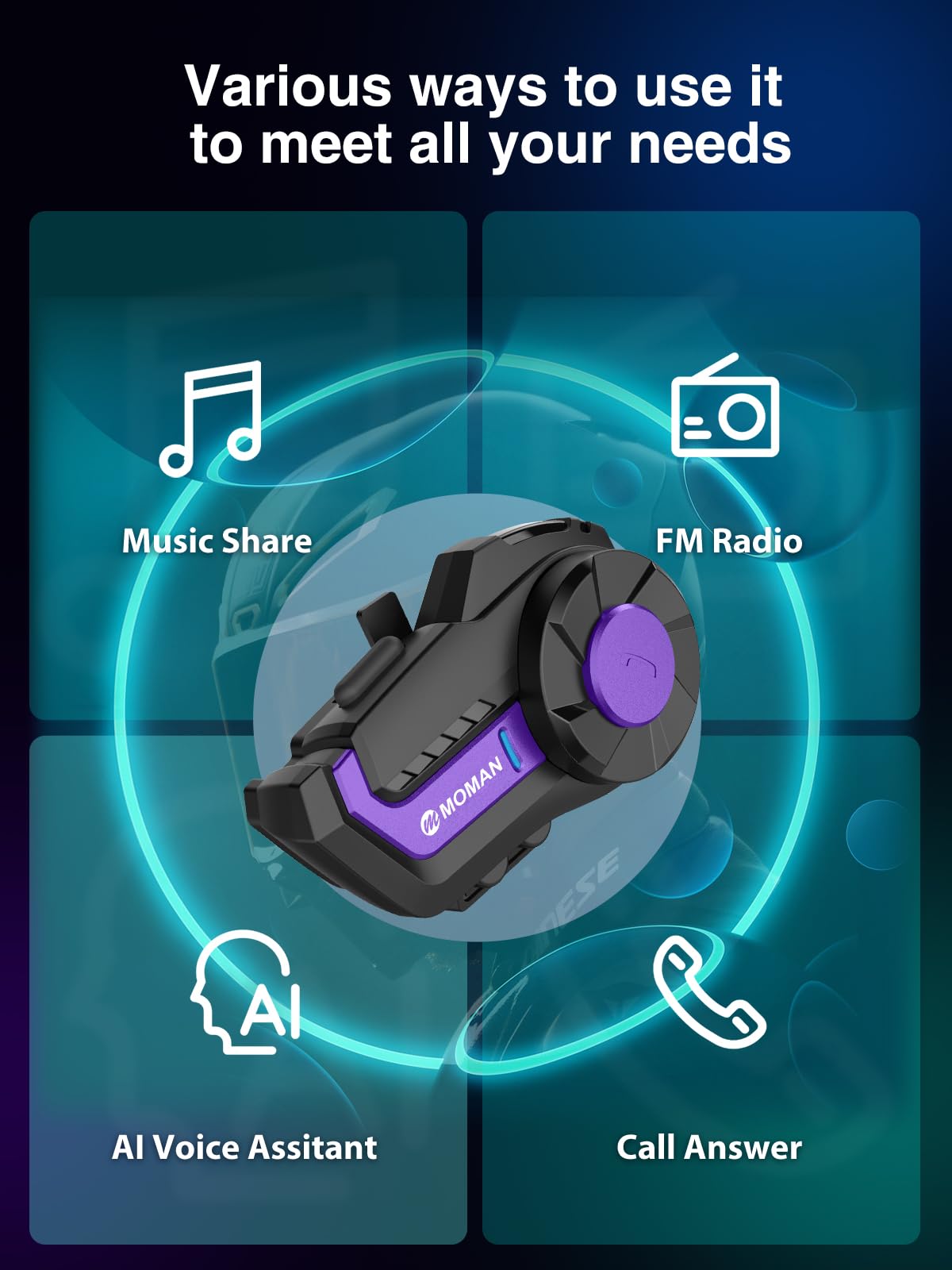 Moman H2Pro Wireless Motorcycle Helmet Headset - 1 Pack Purple, Bluetooth Helmet Communication System with Voice Assistant, Music Sharing & FM Radio, IP65 Waterproof, DSP & CVC Noise Cancellation - Perfect for Motorcycle Riders, Group Riding, Touring & Adventure Trips